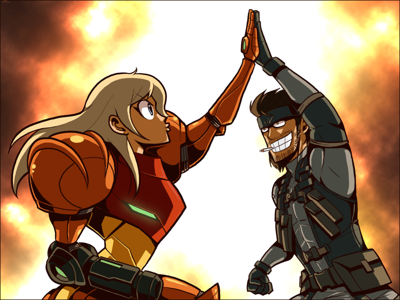 captainosaka, samus aran, solid snake, konami, metal gear (series), metal gear solid, metroid, nintendo, super smash bros., 1boy, 1girl, armor, beard, blonde hair, blue eyes, cigarette, epic, explosion, facial hair, grin, high five, long hair, mustache, power suit (metroid), smile, smoking, varia suit