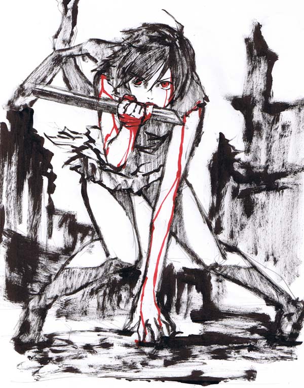 otonashi saya, blood+, traditional media, 00s, 1girl, black hair, blood, female focus, monochrome, red eyes, ruins, short hair, skirt, solo, spot color, wind