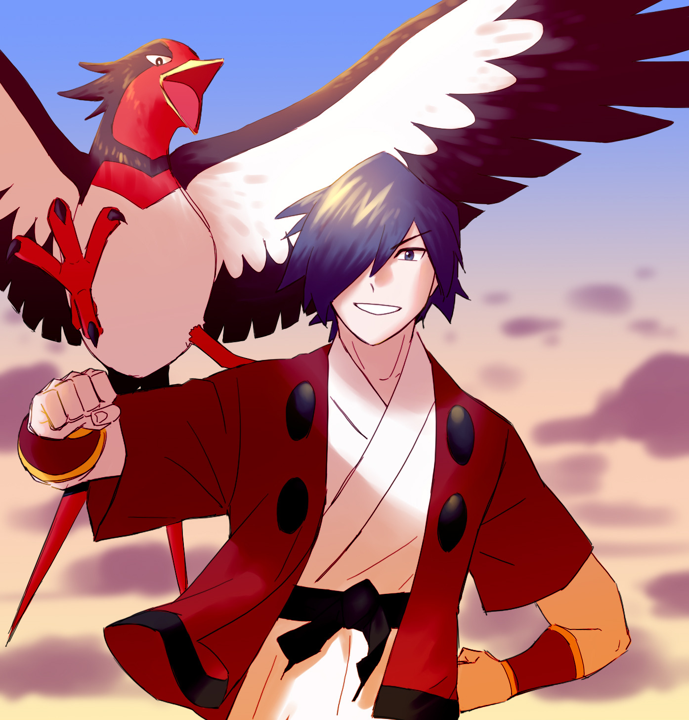 falkner (pokemon), swellow, nintendo, pokemon, highres, 1boy, beak, bird, black hair, cloud, day, gen 3 pokemon, grin, hair over one eye, hpe24, jacket, japanese clothes, kimono, looking at viewer, open clothes, open jacket, open mouth, outdoors, pokemon (creature), red jacket, short hair, smile, white kimono