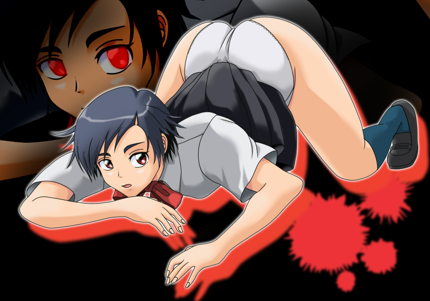 otonashi saya, blood+, non-web source, 00s, ass, black hair, bow, clothes lift, panties, red eyes, short hair, skirt, skirt lift, solo, top-down bottom-up, underwear