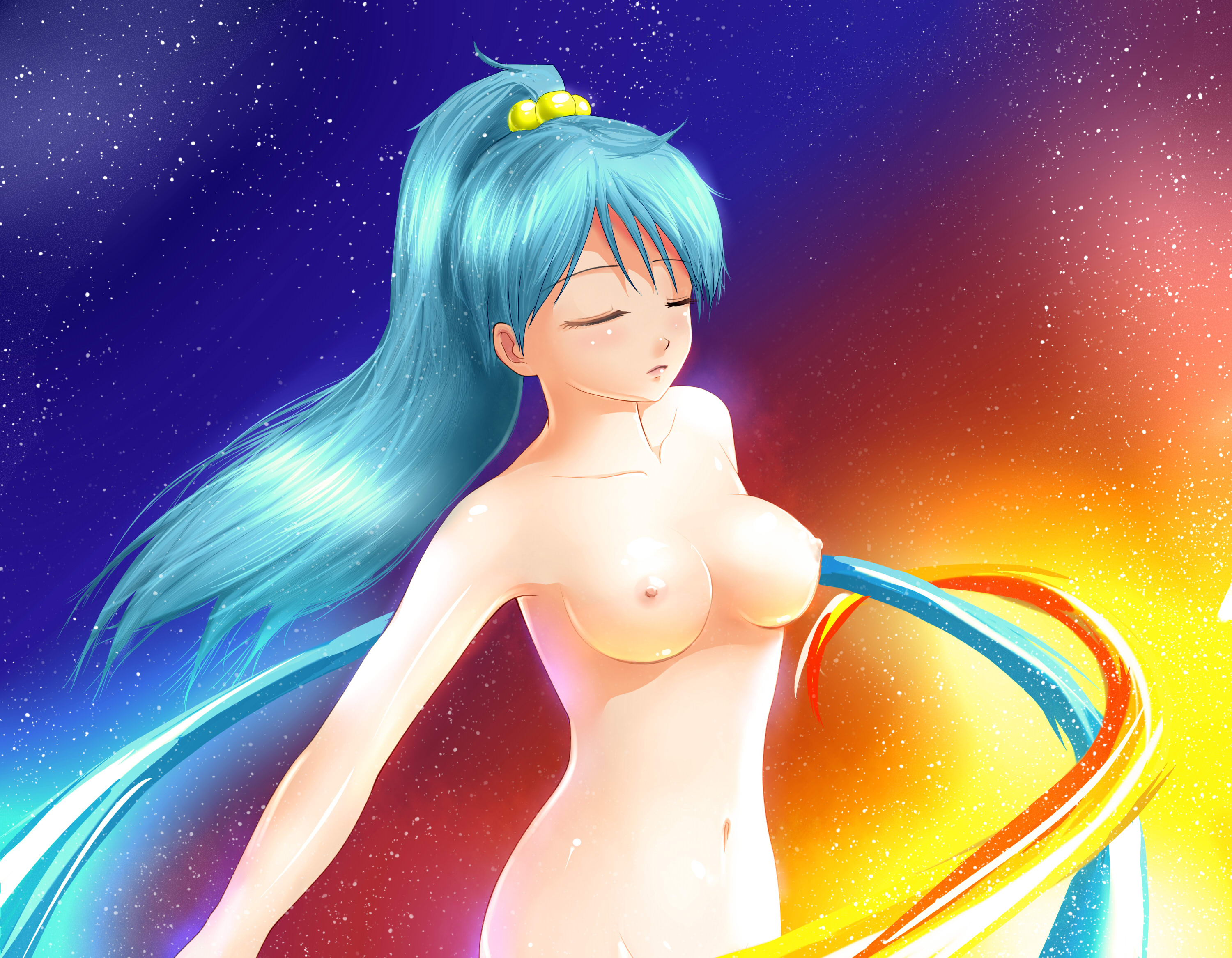huyase, lhc-tan, 2ch.ru, ru-chans, highres, non-web source, 1girl, blue hair, blush, breasts, closed eyes, energy, female focus, large hadron collider, medium breasts, nipples, nude, personification, ponytail, solo, star (symbol)