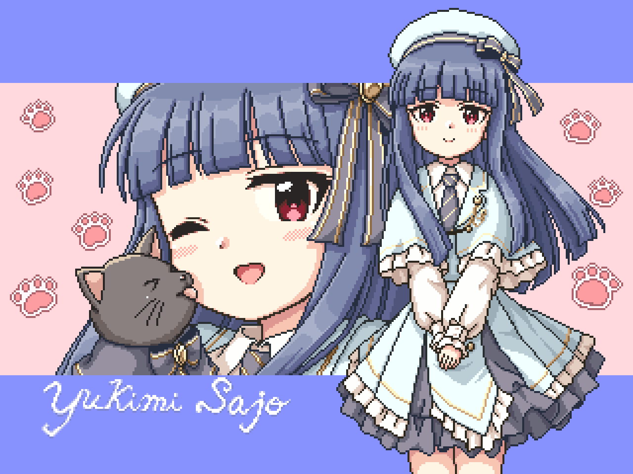 regular mow, pero (idolmaster cinderella girls), sajo yukimi, idolmaster, idolmaster cinderella girls, idolmaster cinderella girls starlight stage, commentary request, 1girl, ;d, animal, black bow, black capelet, black cat, black hair, black necktie, blue capelet, blue dress, blush, bow, capelet, cat, character name, closed mouth, diagonal-striped clothes, diagonal-striped necktie, dress, frilled capelet, frills, licking, long hair, long sleeves, looking at viewer, multiple views, necktie, one eye closed, open mouth, pink background, pixel art, puffy long sleeves, puffy sleeves, red eyes, shirt, sleeves past wrists, smile, striped clothes, very long hair, white shirt