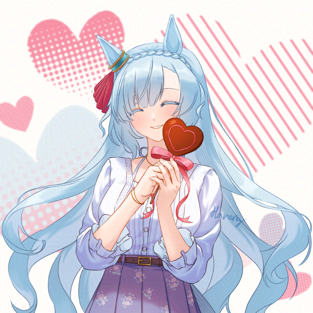 hanong 06, mejiro ardan (umamusume), umamusume, commentary, english commentary, 1girl, animal ears, blue hair, closed eyes, ear ornament, heart, heart background, holding, horse girl, long hair, smile, solo, valentine