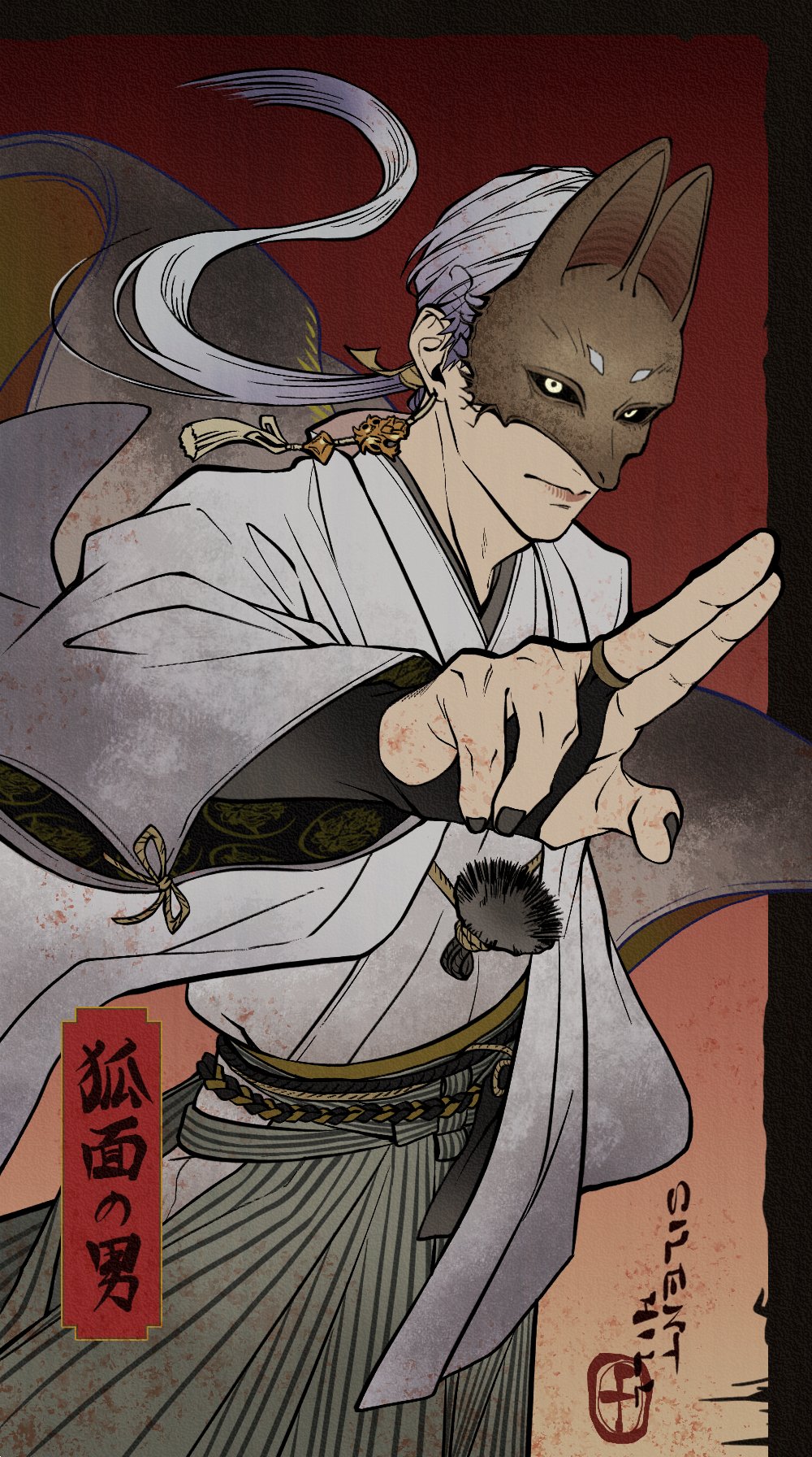 oekaki shitou, fox mask (silent hill), silent hill (series), silent hill f, highres, 1boy, fox mask, grey robe, japanese clothes, kimono, long hair, male focus, mask, ponytail, robe, solo, white hair, white kimono