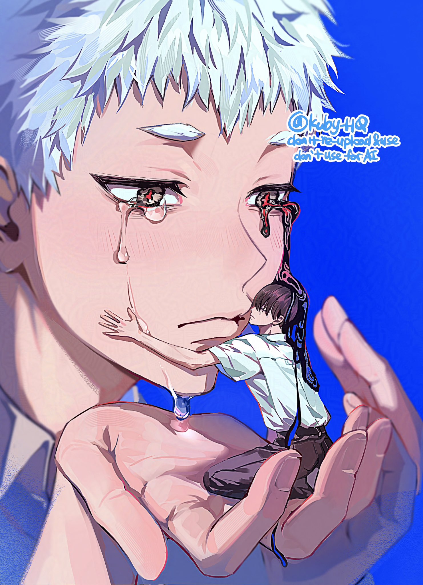 kuby hq, indou hikaru, tsujinaka yoshiki, hikaru ga shinda natsu, commentary request, highres, korean commentary, 2boys, black hair, black pants, blue background, body horror, closed mouth, collared shirt, crying, lips, male focus, mini person, miniboy, mole, mole on cheek, mole under mouth, multiple boys, multiple moles, pants, red pupils, shirt, shirt tucked in, short hair, simple background, tears, twitter username, white hair, white shirt
