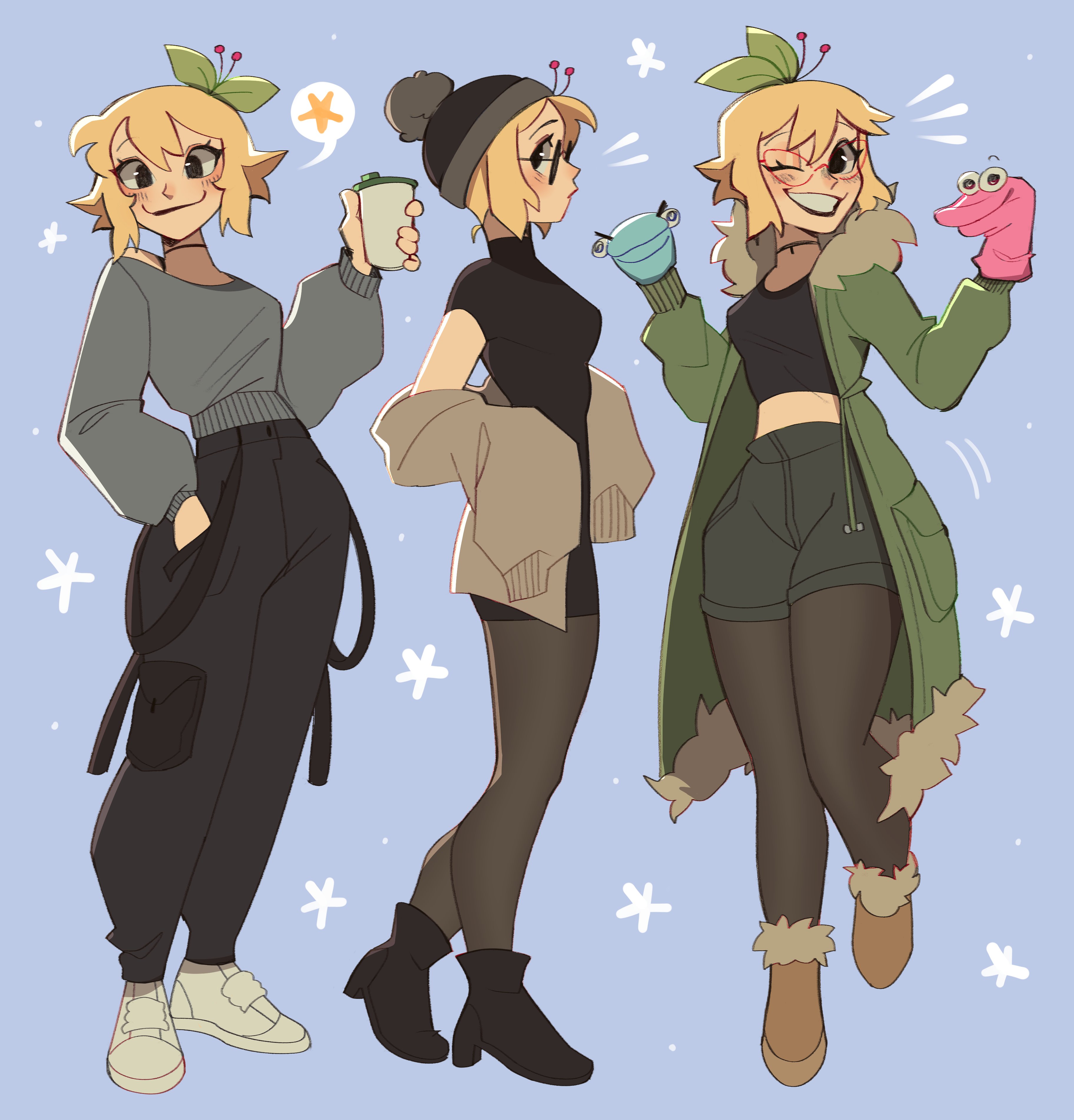 cherri saurio, original, absurdres, commentary request, highres, 1girl, beanie, black-framed eyewear, black boots, black choker, black hat, black lips, black pantyhose, blonde hair, boots, breasts, brown boots, brown cardigan, cardigan, cargo pants, choker, coat, crop top, dress, fur-trimmed boots, fur-trimmed coat, fur trim, glasses, green coat, grey serafuku, grey shorts, grin, hand in pocket, hat, leaf, medium breasts, midriff, narrow waist, off shoulder, one eye closed, pants, pantyhose, pantyhose under shorts, red-framed eyewear, school uniform, serafuku, short dress, short hair, shorts, smile, sock puppet, spanish commentary, thighs, turtleneck, turtleneck dress
