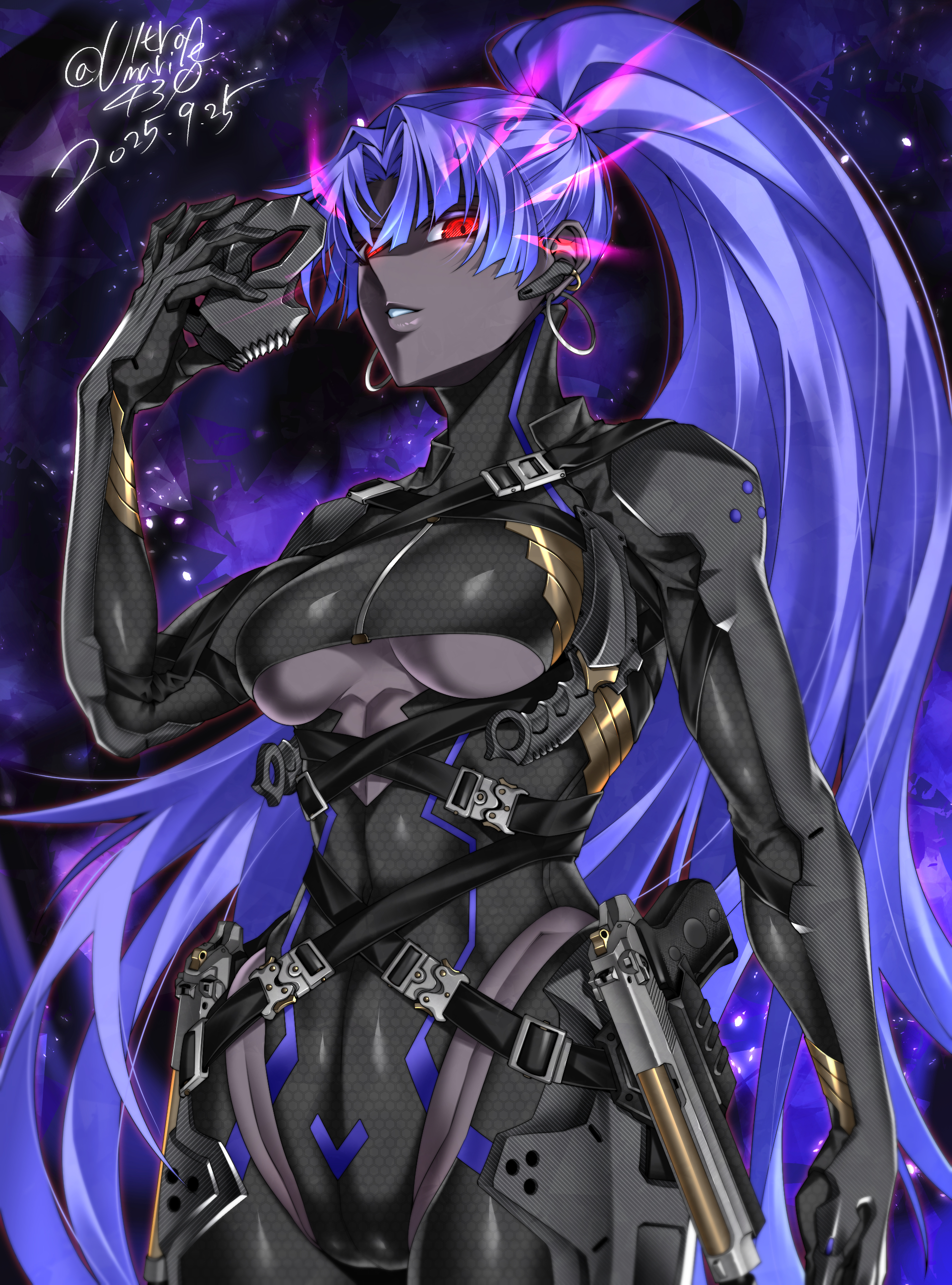 shin (ultramarine430), assassin (fate/zero), female assassin (fate/zero), fate/zero, fate (series), absurdres, commentary request, highres, 1girl, 2025, beretta 92, bodysuit, breasts, colored skin, dark-skinned female, dark skin, dated, earrings, gun, handgun, hoop earrings, jewelry, long hair, looking at viewer, mask, ponytail, purple hair, red eyes, skull mask, twitter username, underboob, unworn mask, very dark skin, weapon