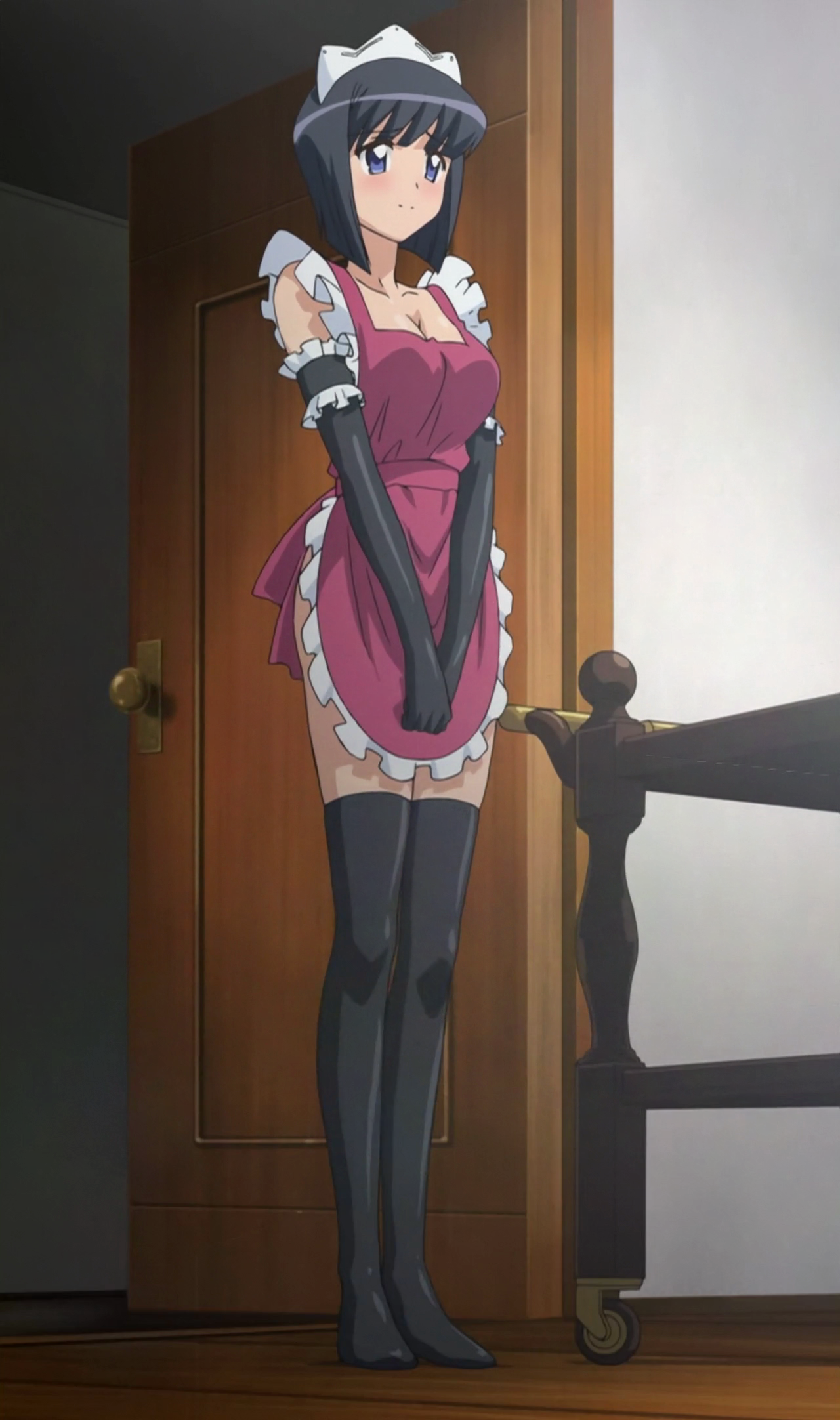 siesta (zero no tsukaima), zero no tsukaima, anime screenshot, highres, stitched, third-party edit, 00s, 1girl, apron, black gloves, black hair, black leggings, black long gloves, blue eyes, breasts, cleavage, collarbone, door, elbow gloves, female focus, gloves, large breasts, leggings, long glove, maid, maid apron, maid headdress, naked apron, short hair, solo, standing, thighhighs