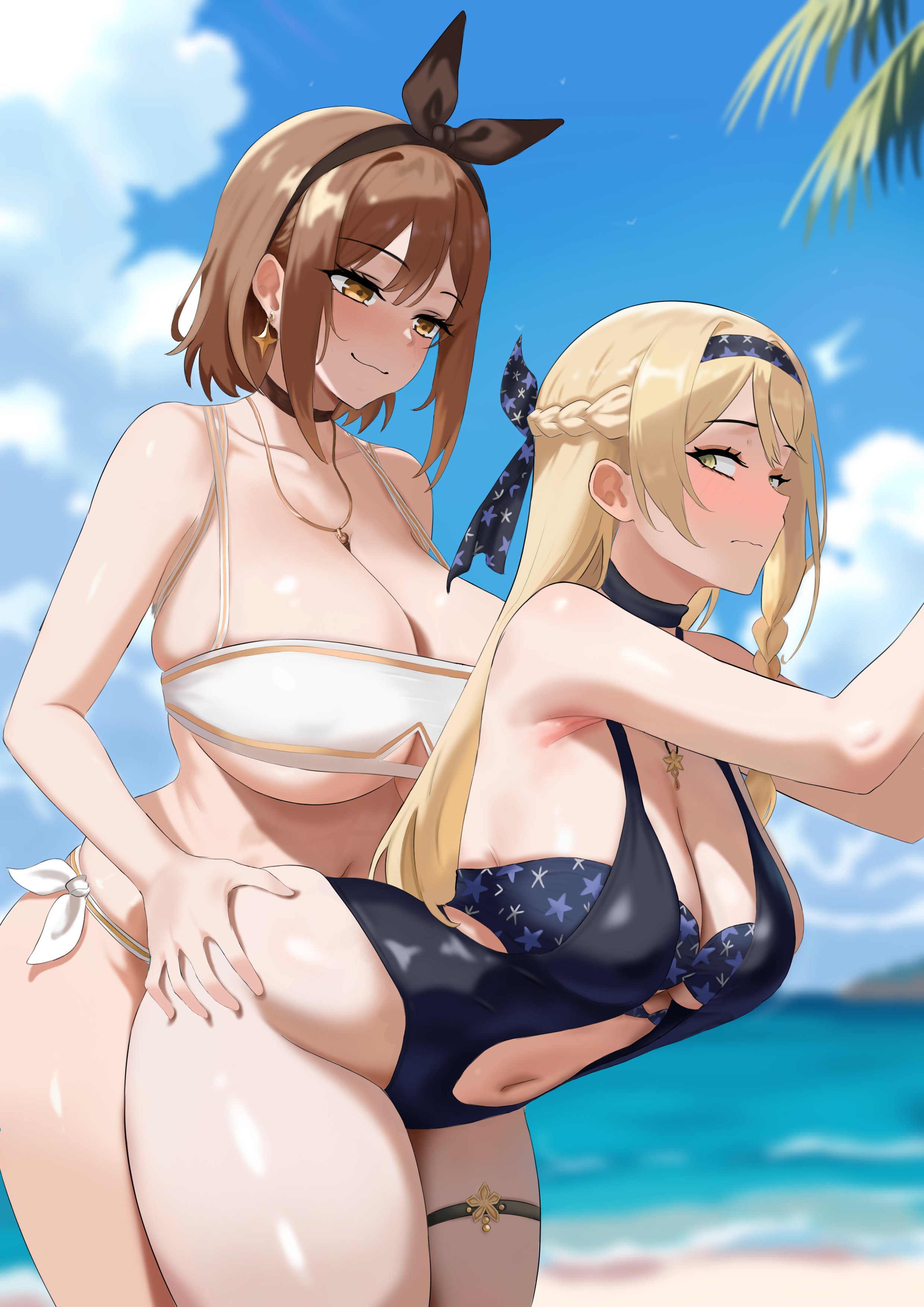 amadeuslight, klaudia valentz, reisalin stout, atelier (series), absurdres, highres, beach, bent over, bikini, blonde hair, breasts, brown eyes, brown hair, green eyes, huge breasts, swimsuit, thighs, yuri