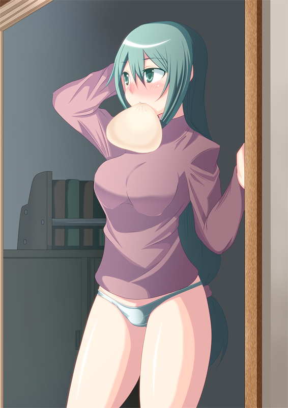 johnny funamushi, original, bad id, bad pixiv id, blush, book, breasts, green eyes, green hair, green panties, large breasts, long hair, mouth hold, panties, solo, sweater, underwear, very long hair