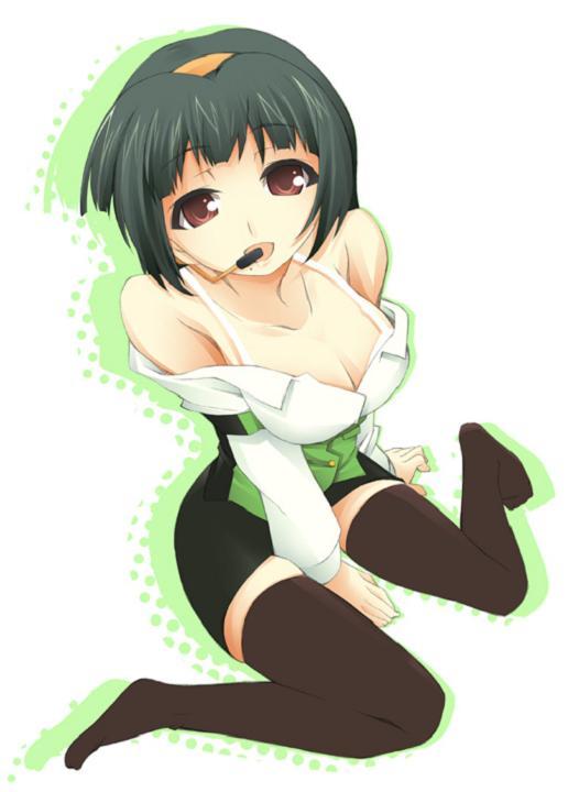 otonashi kotori, idolmaster, idolmaster (classic), idolmaster 1, non-web source, 00s, 1girl, bare shoulders, bra, breasts, brown eyes, cleavage, female focus, green hair, headset, large breasts, lingerie, mole, mole under mouth, pencil skirt, short hair, sitting, skirt, solo, thighhighs, underwear, zettai ryouiki