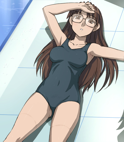 haruyama kazunori, mizuhara koyomi, azumanga daiou, brown eyes, brown hair, glasses, long hair, lying, one-piece swimsuit, solo, swimsuit