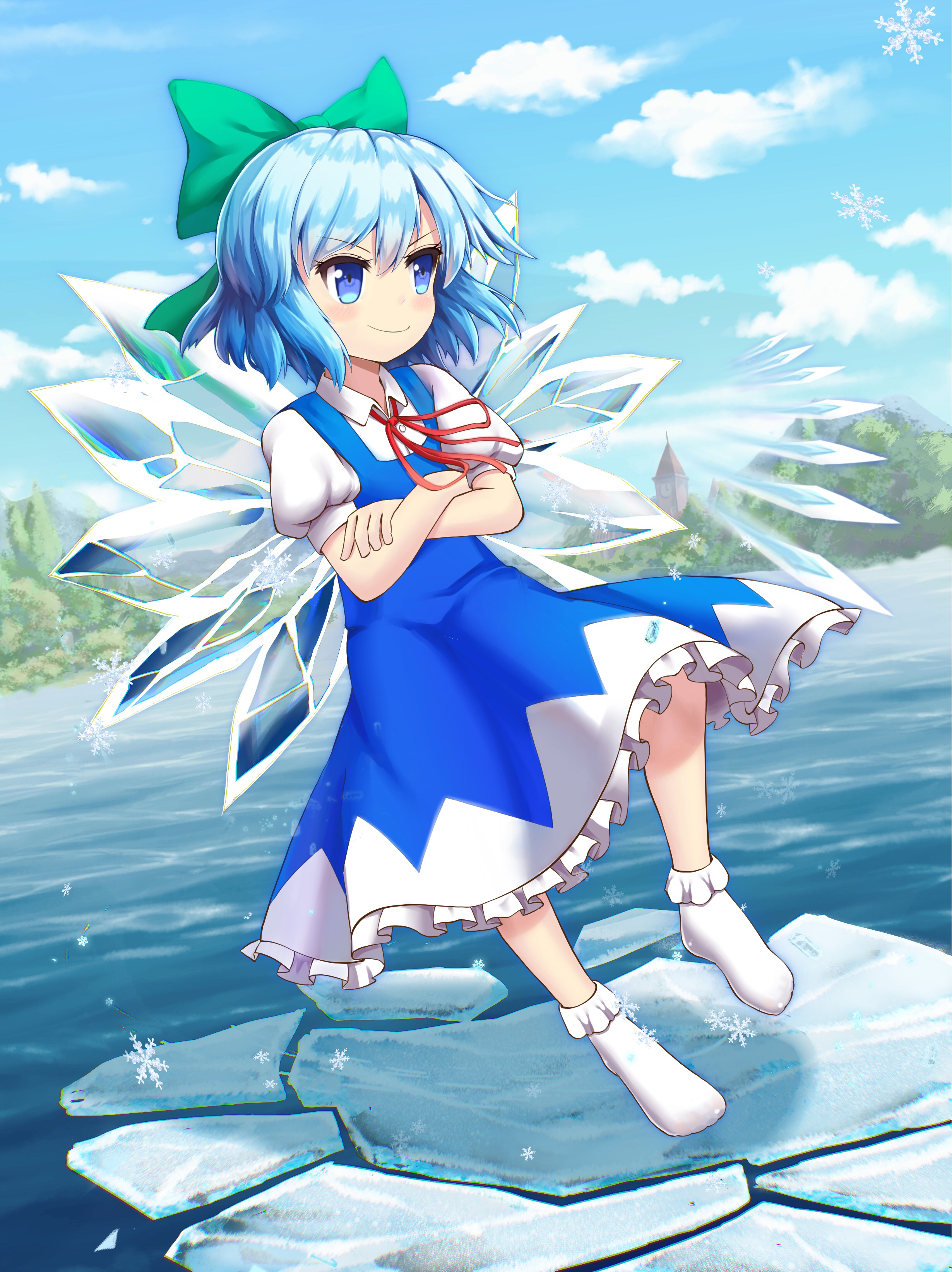 god mang, cirno, touhou, absurdres, commentary, english commentary, highres, 1girl, blue dress, blue eyes, blue hair, blue sky, blush, bow, cloud, collared shirt, crossed arms, dress, fairy, floating, forest, full body, green bow, hair bow, ice, ice wings, misty lake, nature, petticoat, puffy short sleeves, puffy sleeves, red ribbon, ribbon, scarlet devil mansion, shirt, short hair, short sleeves, sky, smile, snowflakes, socks, solo, white shirt, white socks, wings