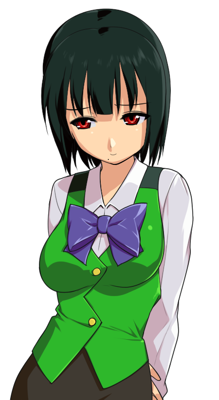 otonashi kotori, idolmaster, idolmaster (classic), idolmaster 1, artist request, non-web source, 00s, 1girl, bow, female focus, green hair, mole, mole under mouth, pencil skirt, red eyes, short hair, skirt, solo, transparent background, vest