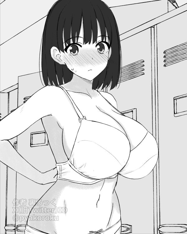 hako roku, 1girl, arms behind back, artist name, bare shoulders, blunt bangs, blush, bra, breasts, cleavage, collarbone, cowboy shot, embarrassed, greyscale, huge breasts, indoors, kanami kanna, kunoichi hajimemashita!, locker, locker room, looking at viewer, monochrome, navel, panties, short hair, solo, standing, sweat, underwear