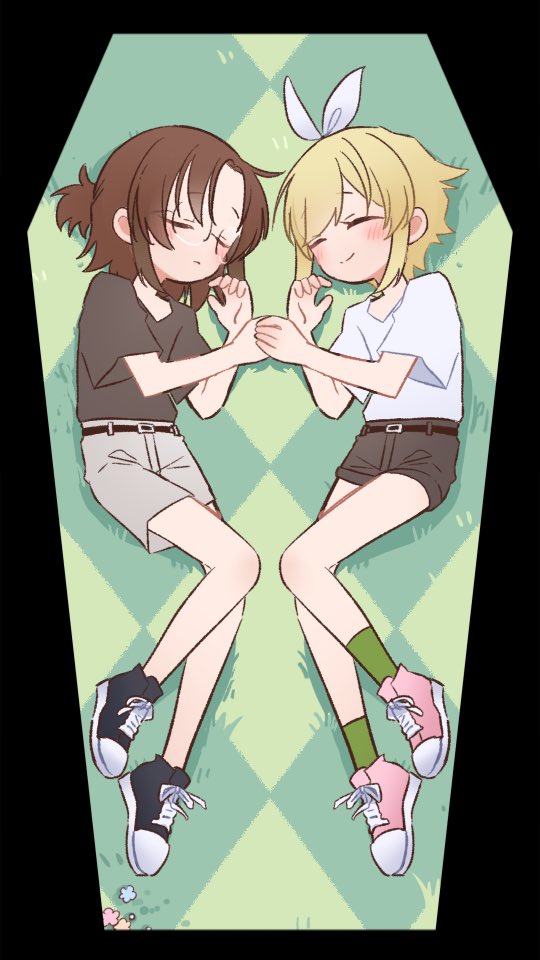 cherri saurio, original, commentary request, 2girls, argyle background, artist self-insert, black shorts, blonde hair, brown hair, closed eyes, expressionless, glasses, green socks, grey shorts, multiple girls, pink shoes, ponytail, self-portrait, shirt, shoes, short hair, short ponytail, short shorts, shorts, sidelocks, socks, spanish commentary, t-shirt, white shirt