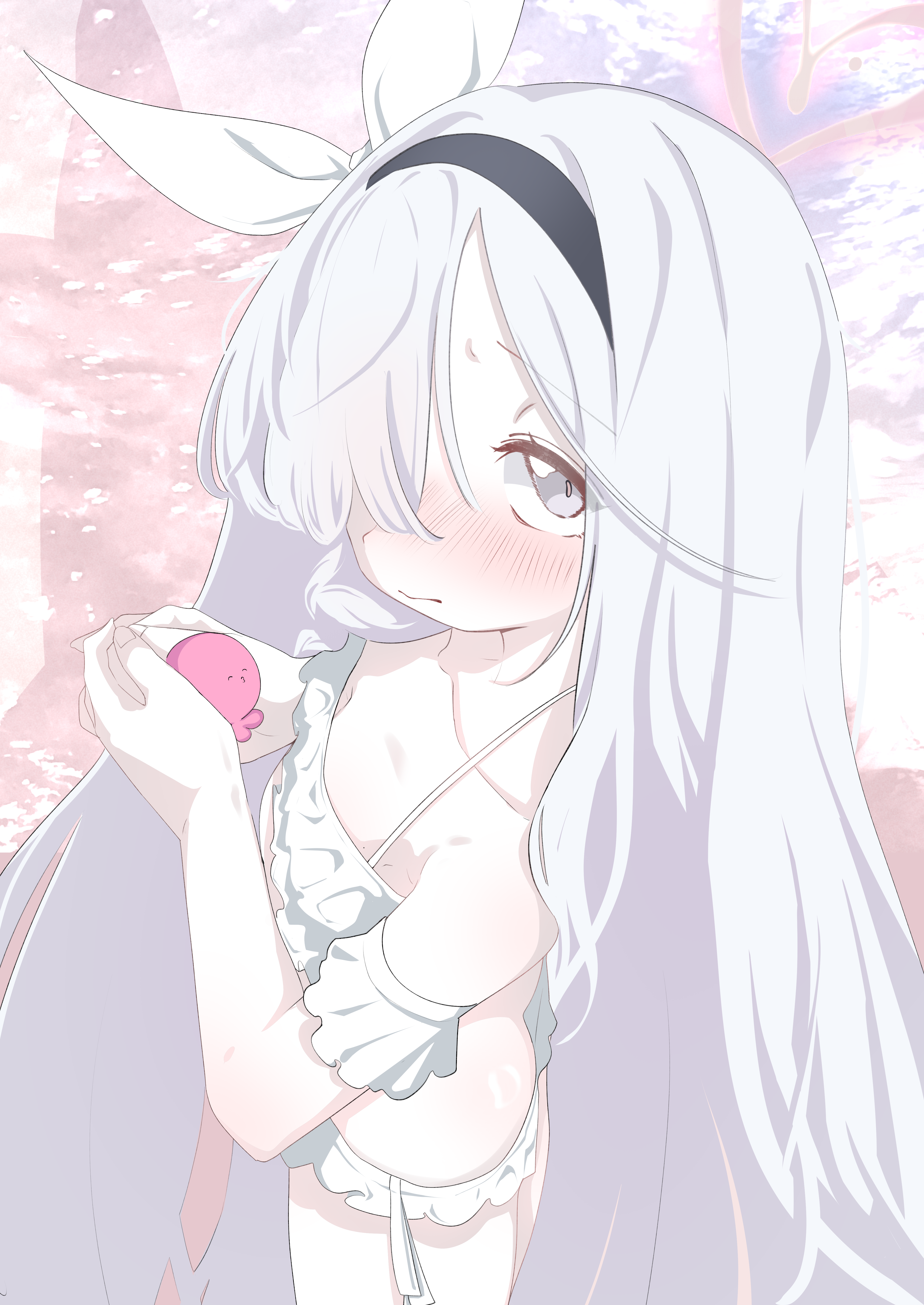 sharp to sharp, plana (blue archive), takopii, arca.live (website), blue archive, takopii no genzai, bad link, 1girl, bikini, blush, bow, breasts, grey eyes, hair bow, hair ribbon, halo, heart, long hair, looking at viewer, ocean, pink halo, ribbon, sand, small breasts, solo, swimsuit, white bikini, white hair