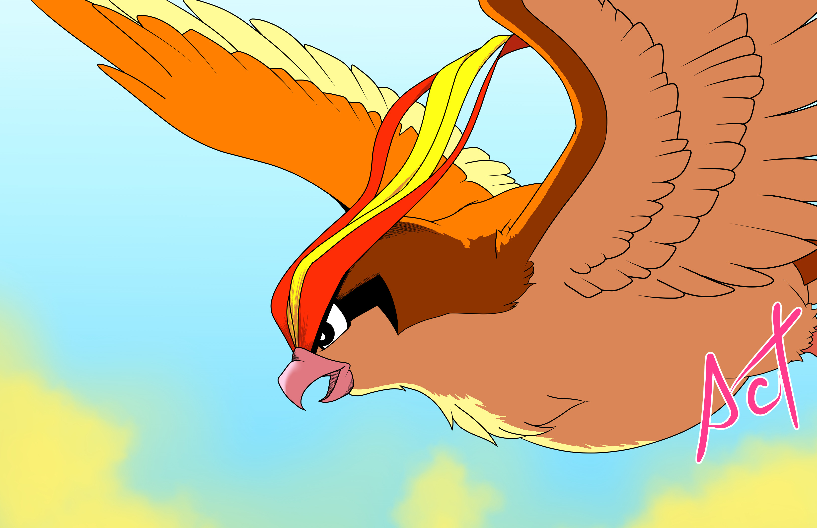 pidgeot, nintendo, pokemon, absurdres, highres, acxion-vellouria, artist name, beak, bird, blue sky, cloud, day, flying, gen 1 pokemon, no humans, open mouth, outdoors, pokemon (creature), sky, solo