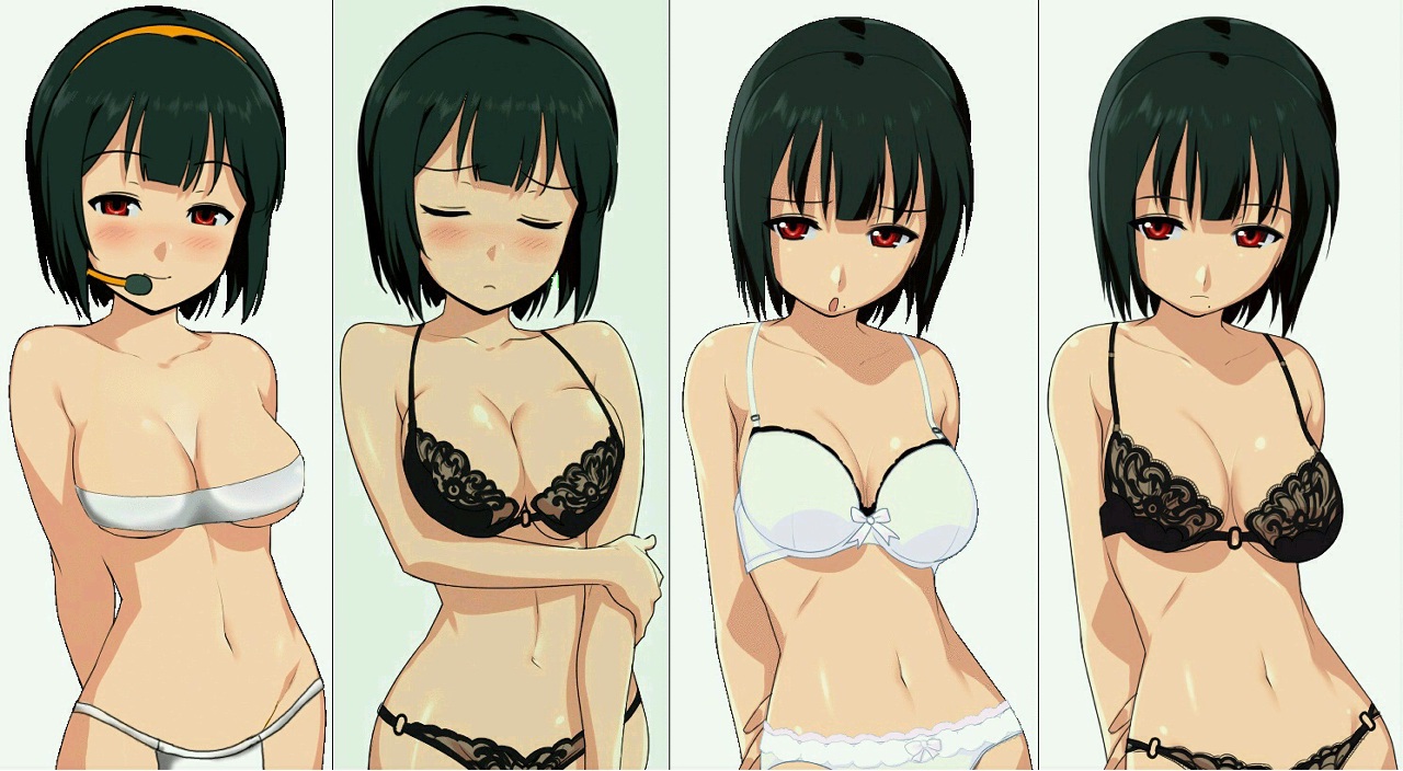 otonashi kotori, idolmaster, idolmaster (classic), idolmaster 1, artist request, non-web source, 00s, 1girl, bandeau, bare shoulders, bra, breasts, cleavage, closed eyes, green hair, headset, lingerie, loincloth, midriff, panties, red eyes, short hair, strapless, tube top, underwear, underwear only
