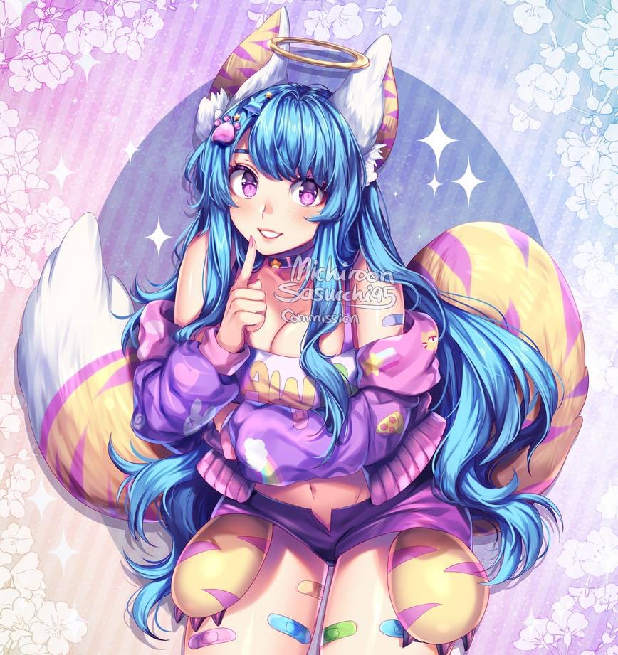 michiroon, sasucchi95, original, artist collaboration, commentary, commission, english commentary, 1girl, :d, animal ear fluff, animal ears, arm under breasts, artist name, bandaid, bandaid on shoulder, bandaid on thigh, bare shoulders, blue hair, blush, border, bra, breasts, cardigan, cardigan partially removed, choker, cleavage, clothes writing, collarbone, cowboy shot, diagonal-striped background, finger to own chin, floral border, grey background, grin, hair between eyes, hair over shoulder, halo, index finger raised, leaning forward, light particles, long hair, long sidelocks, long sleeves, looking at viewer, medium breasts, micro shorts, nail polish, navel, open mouth, outside border, pink border, pink nails, purple cardigan, purple choker, purple eyes, purple shorts, round border, shorts, sidelocks, simple background, skirt, smile, solo, standing, star (symbol), star choker, stomach, striped background, swept bangs, tail, tiger ears, tiger girl, tiger tail, underwear, very long hair, watermark, white bra, yellow halo, yellow tail