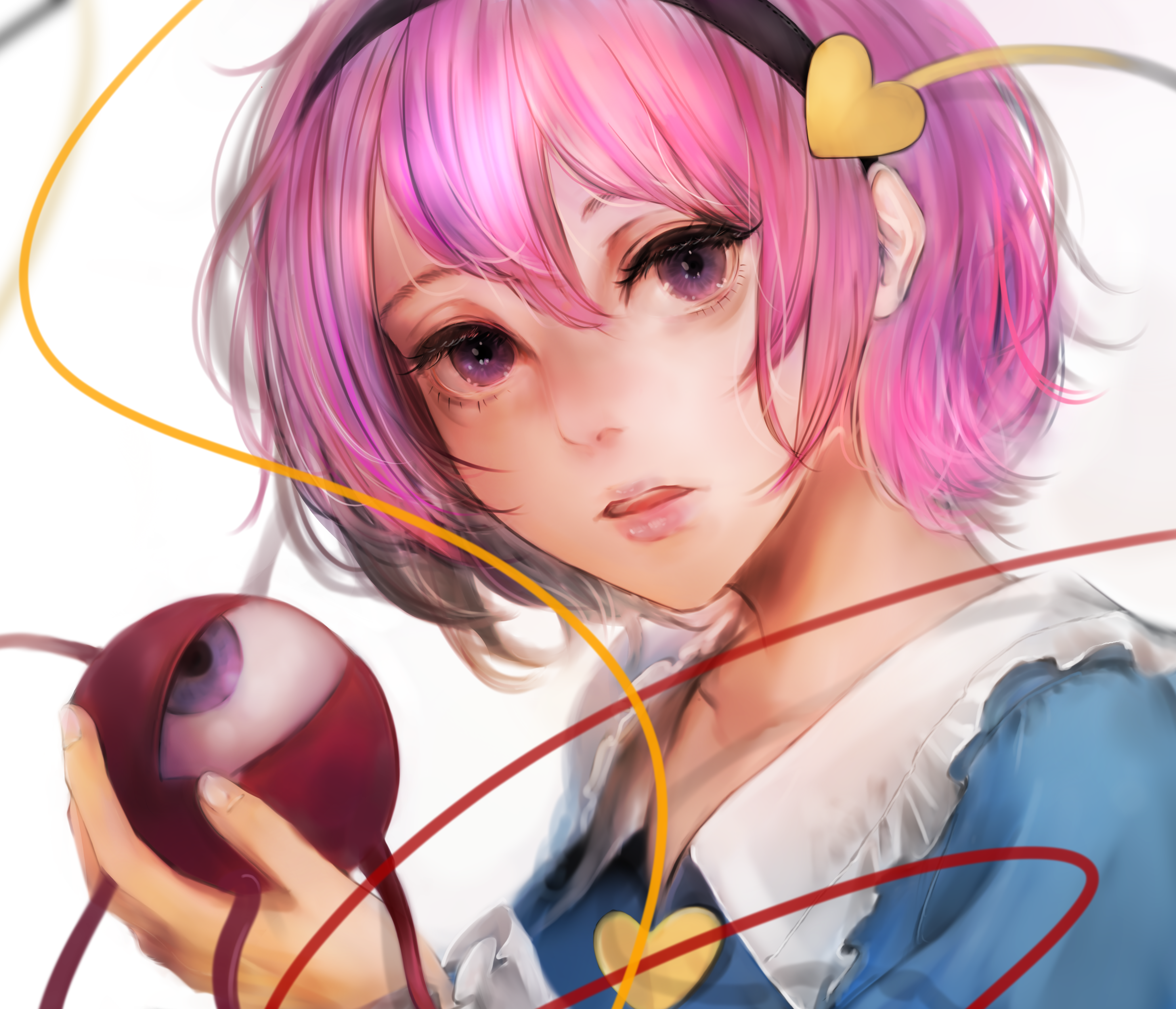 inoe (noie), komeiji satori, touhou, absurdres, commentary request, highres, 1girl, black hairband, blue shirt, blurry, blurry background, buttons, collarbone, depth of field, double-parted bangs, expressionless, eyeball, eyebrows hidden by hair, frilled shirt collar, frills, hair between eyes, hair ornament, hairband, hand up, heart, heart button, heart hair ornament, lips, nose, parted lips, pink hair, purple eyes, shirt, short hair, simple background, solo, teeth, third eye, upper body, upper teeth only, white background