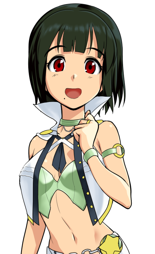 otonashi kotori, idolmaster, idolmaster (classic), idolmaster 1, non-web source, 00s, 1girl, bare shoulders, choker, cool & sexy (idolmaster), female focus, green hair, headset, midriff, mole, mole under mouth, red eyes, short hair, solo, transparent background