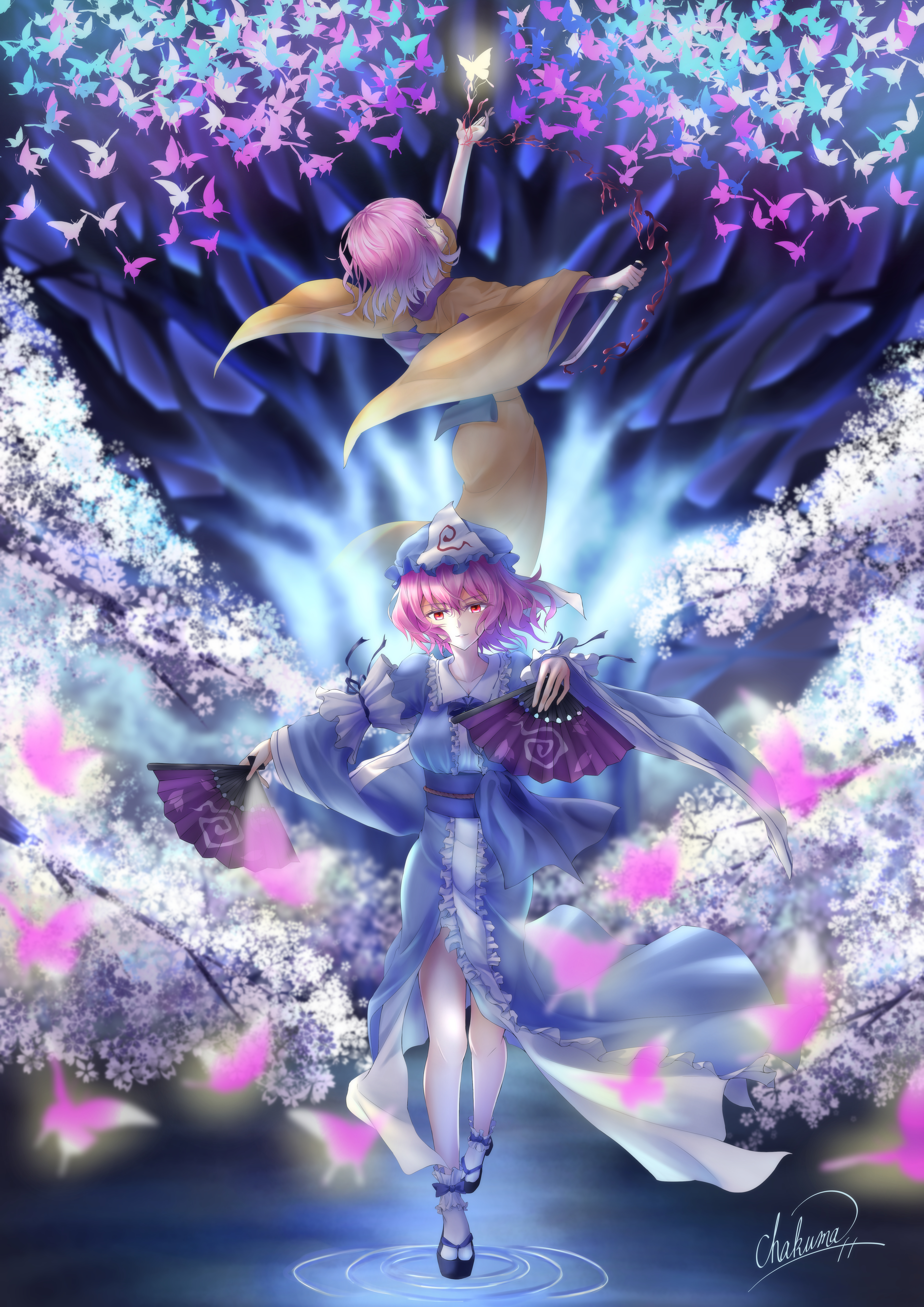 chakuma (yiyh1468), saigyou ayakashi, saigyouji yuyuko, saigyouji yuyuko (living), touhou, absurdres, commentary request, highres, 1girl, arm up, blood, blue butterfly, blue dress, blue hat, blue ribbon, blue sash, bug, butterfly, cherry blossom print, cherry blossoms, dress, floral print, folding fan, frilled dress, frills, hand fan, hand up, hat, holding, holding fan, holding knife, insect, japanese clothes, kimono, knees, knife, long dress, long sleeves, looking at viewer, mob cap, multiple views, okobo, outstretched arms, pink butterfly, pink hair, platform sandals, red eyes, ribbon, ripples, sandals, sash, short hair, signature, socks, standing, standing on liquid, swirl, tree, triangular headpiece, water, white socks, wrist cutting, yellow butterfly, yellow kimono