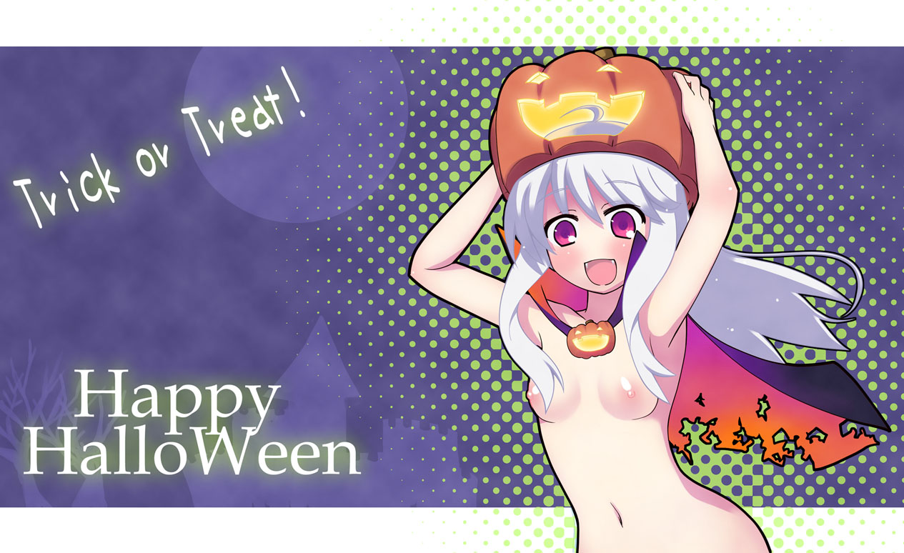 akino sora, original, bad id, bad pixiv id, 1girl, armpits, breasts, cape, fang, fangs, female focus, halloween, happy, happy halloween, jack-o'-lantern, long hair, naked cape, nude, pink eyes, pumpkin, pumpkin hat, small breasts, solo, torn clothes, trick or treat, white hair