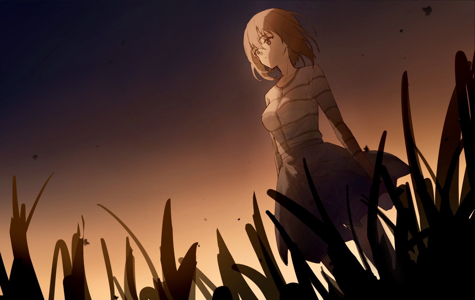 itsuki (tanakaitsukiiii), nishizumi maho, girls und panzer, highres, 1girl, blue skirt, breasts, brown eyes, brown hair, casual, grass, hair between eyes, large breasts, long sleeves, shirt, short hair, skirt, solo, standing, striped clothes, striped shirt, sunset