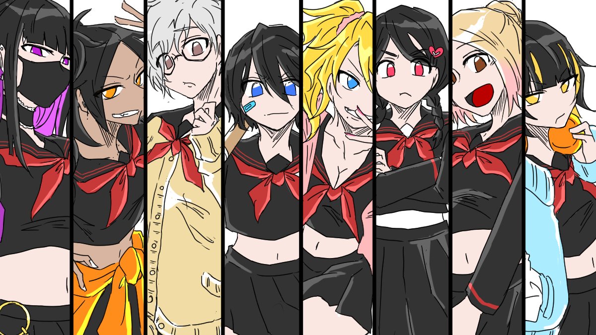 hinamori momo, inoue orihime, kotetsu isane, kuchiki rukia, kurotsuchi nemu, matsumoto rangiku, shihouin yoruichi, sui-feng, bleach, 6+girls, black hair, blonde hair, blue eyes, breasts, brown eyes, cleavage, glasses, grey hair, midriff, multicolored hair, multiple girls, navel, official alternate costume, purple eyes, purple hair, red eyes, shikura0214, two-tone hair, yellow eyes