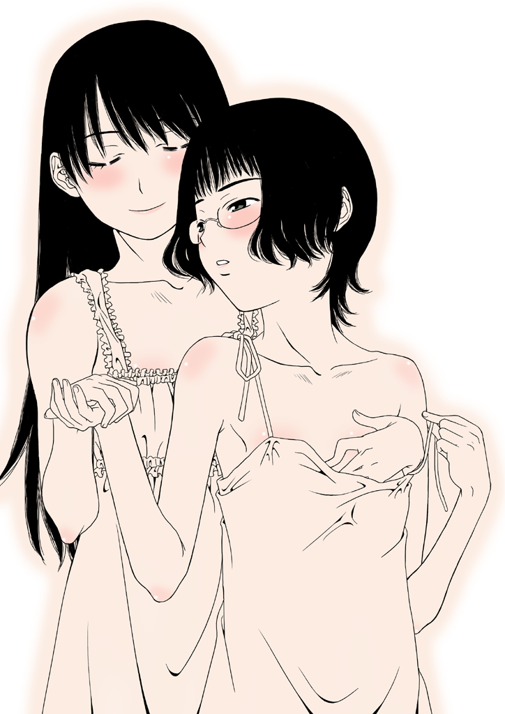 gusu, original, 2girls, blush, breasts, camisole, flat chest, glasses, grabbing another's breast, groping, holding hands, long hair, monochrome, multiple girls, pink theme, sepia, short hair, small breasts, smile, yuri