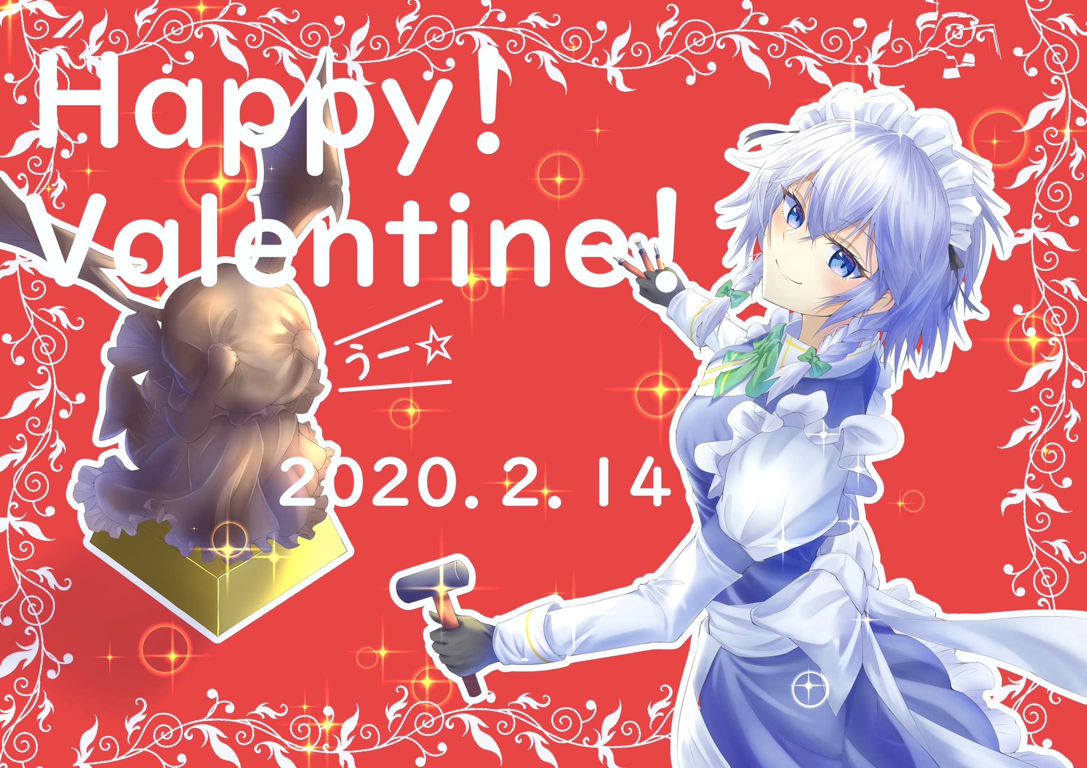 chakuma (yiyh1468), izayoi sakuya, remilia scarlet, touhou, commentary request, highres, 1girl, apron, back bow, black gloves, blue eyes, blue skirt, blue vest, bow, bowtie, braid, charisma guard, chocolate statue, collared shirt, cowering, dated, frilled skirt, frills, from above, gloves, green bow, green bowtie, grey hair, hair bow, hammer, happy valentine, holding, holding hammer, holding tool, light blush, lips, long sleeves, maid apron, maid headdress, medium hair, pedestal, red background, shirt, skirt, smile, solo, sparkle, twin braids, uu~, valentine, vest, white bow, white shirt