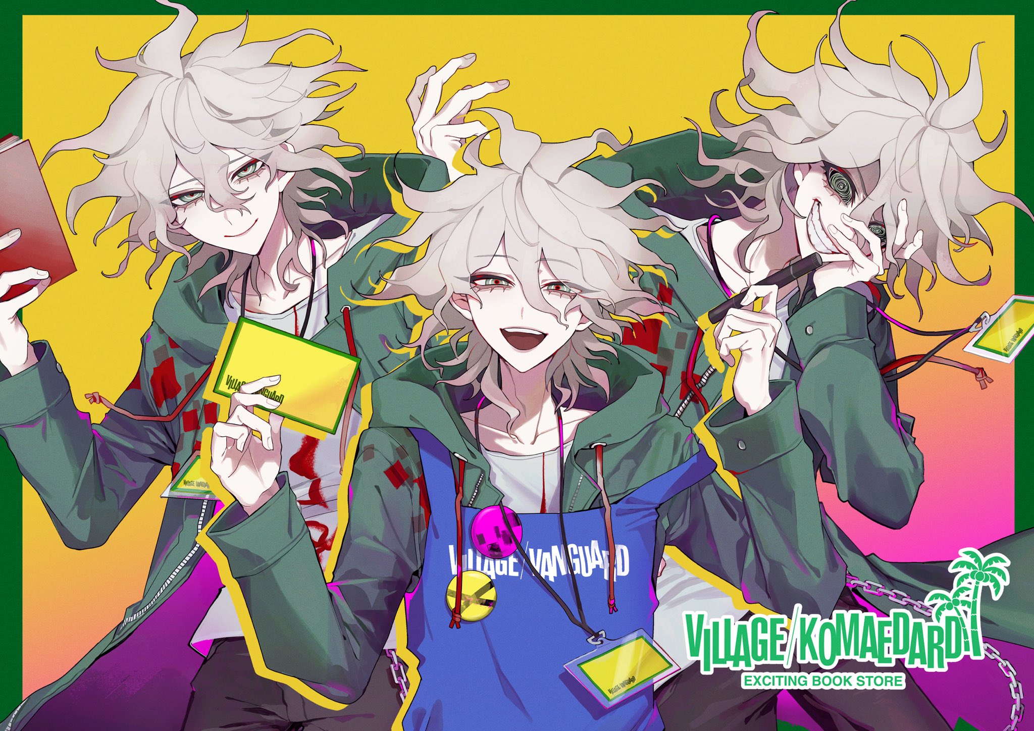 kuroume (aihikarikuroume24), komaeda nagito, danganronpa (series), danganronpa 2: goodbye despair, commentary request, highres, 1boy, :d, @ @, aegyo sal, antenna hair, apron, black pants, blue apron, book, border, card, closed mouth, collarbone, cowboy shot, crazy smile, double-parted bangs, drawstring, gradient background, green border, green eyes, green jacket, grey hair, grin, hair between eyes, half-closed eyes, hand on own cheek, hand on own face, hands up, holding, holding book, holding card, hood, hood down, hooded jacket, jacket, lanyard, long sleeves, looking at viewer, male focus, medium hair, multiple views, open clothes, open jacket, open mouth, outside border, pale skin, pants, puffy long sleeves, puffy sleeves, red pupils, ringed eyes, shirt, smile, teeth, tongue, tsurime, upper body, upper teeth only, v-shaped eyebrows, white shirt
