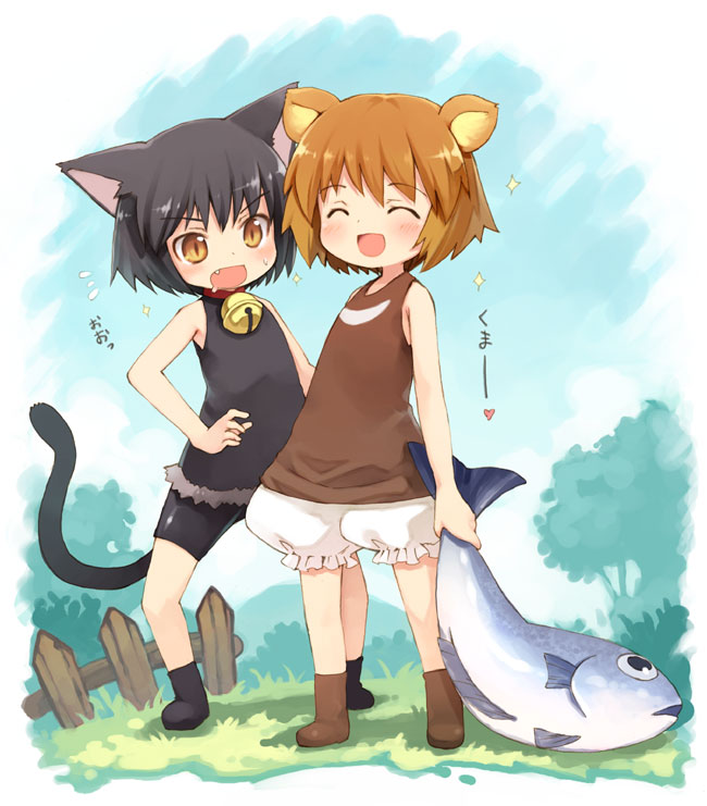 kito (sorahate), kuma-tan, neko-kun, kumatanchi, bad id, bad pixiv id, 1boy, 1girl, animal ears, black hair, bloomers, blush, brown eyes, brown hair, cat ears, cat tail, child, fang, fish, happy, short hair, tail, underwear, white bloomers