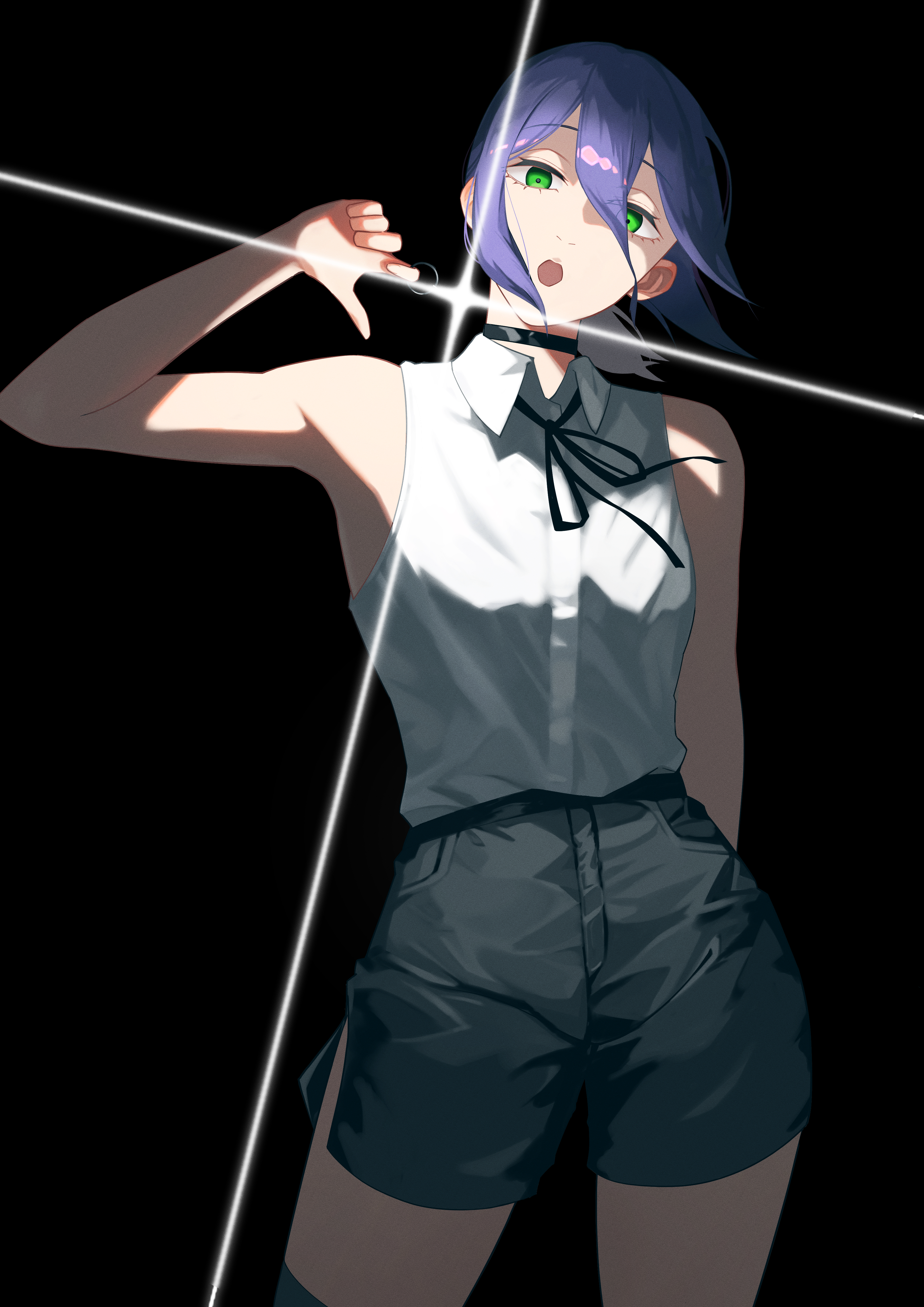reze (chainsaw man), chainsaw man, absurdres, highres, 1girl, black background, black choker, black ribbon, black shorts, choker, collared shirt, graffiti sassan, green eyes, grenade pin, neck ribbon, open mouth, purple hair, ribbon, shirt, shirt tucked in, shorts, simple background, sleeveless, sleeveless shirt, solo, white shirt