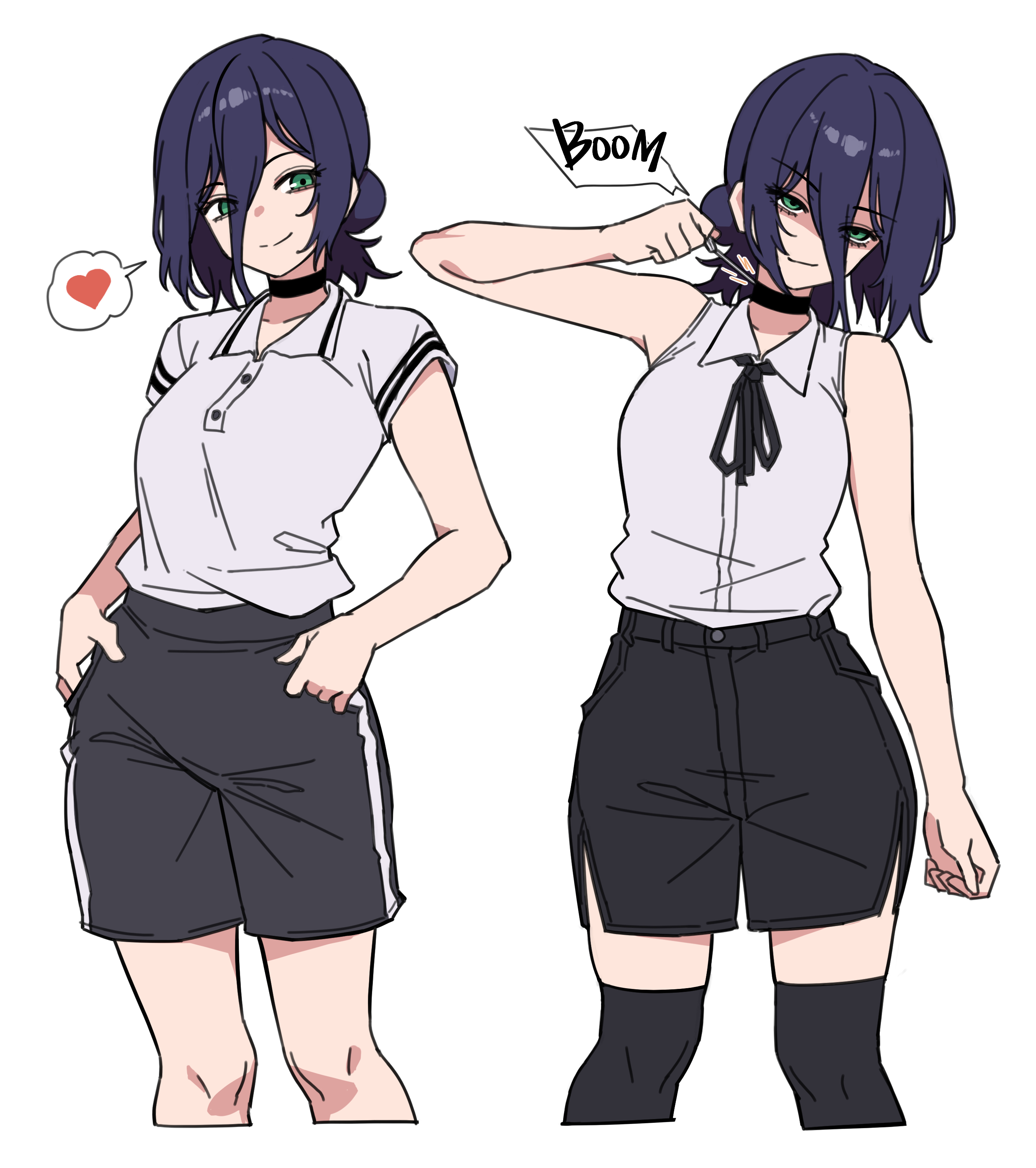 siribang1215, reze (chainsaw man), chainsaw man, absurdres, highres, 1girl, black choker, black ribbon, black shorts, black skirt, choker, collared shirt, cropped legs, english text, green eyes, grenade pin, heart, looking at viewer, multiple views, neck ribbon, purple hair, ribbon, shaded face, shirt, shorts, simple background, skirt, sleeveless, sleeveless shirt, smile, speech bubble, spoken heart, white background, white shirt