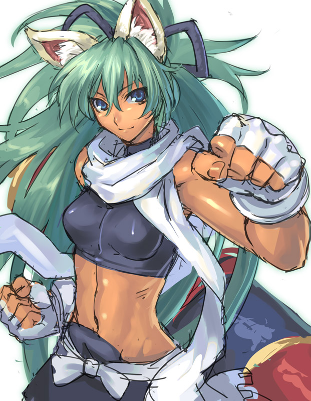 ran'ou (tamago no kimi), beryl (shinrabanshou), emeralda (shinrabanshou), shinrabanshou, 1girl, animal ears, blue eyes, cat ears, cosplay, dark-skinned female, dark skin, female focus, fingerless gloves, gloves, green hair, long hair, midriff, muscular, scarf, smile, solo, torn clothes