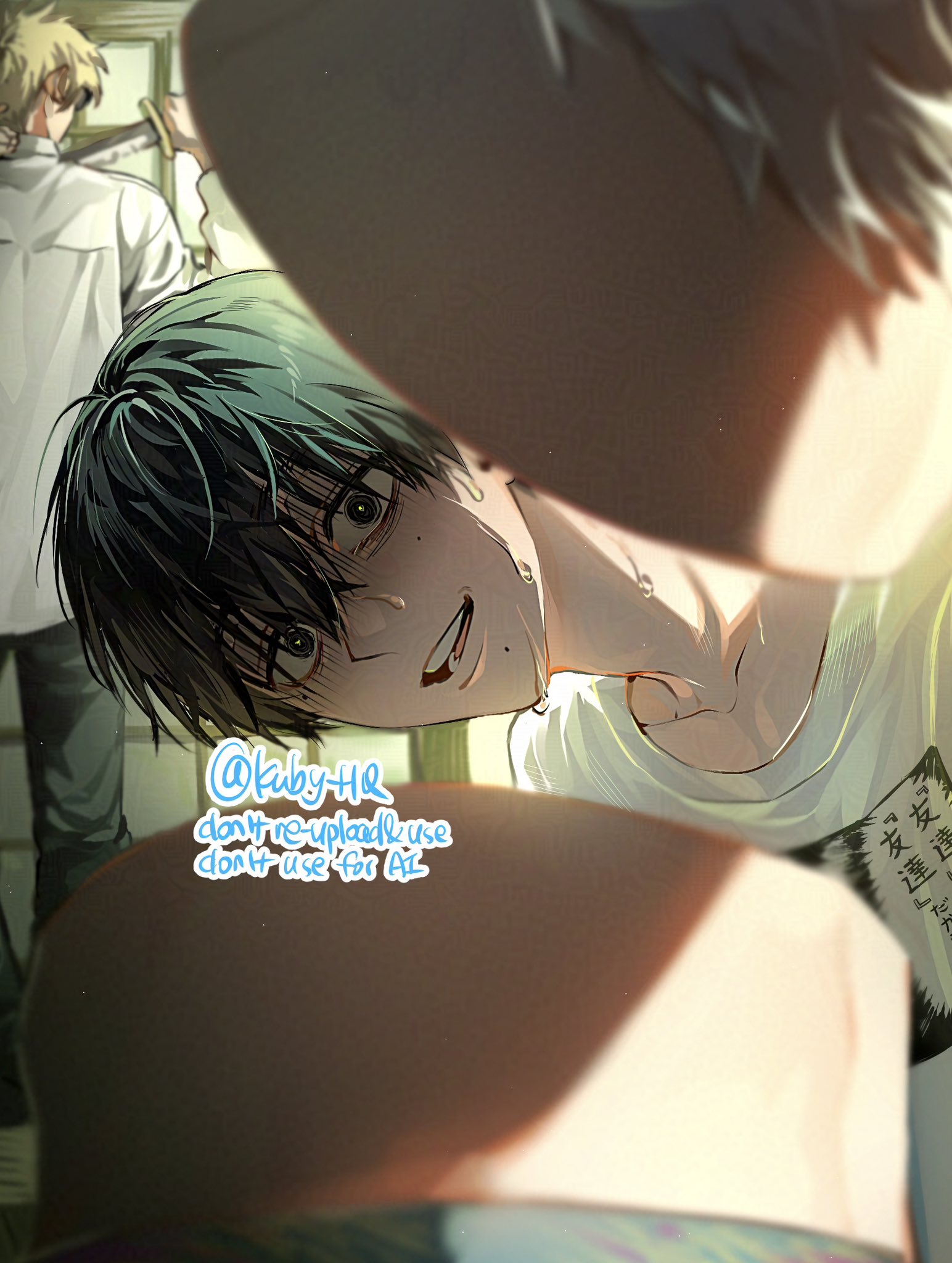kuby hq, indou hikaru, tanaka (hikaru ga shinda natsu), tsujinaka yoshiki, hikaru ga shinda natsu, commentary request, highres, spoilers, 3boys, black hair, blonde hair, collarbone, collared shirt, decapitation, male focus, mole, mole on cheek, mole under eye, mole under mouth, multiple boys, multiple moles, nervous, shirt, short hair, turn pale, twitter username, white hair, white shirt