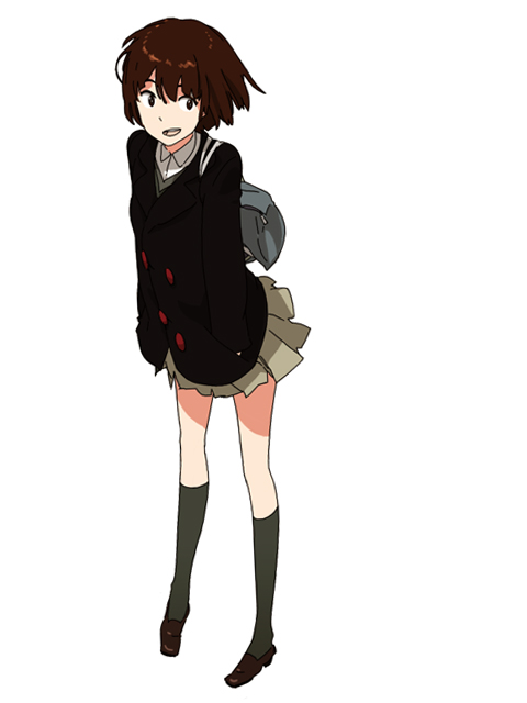 uki atsuya, backpack, bag, blazer, brown hair, hand in pocket, jacket, kneehighs, leaning forward, randoseru, school uniform, shoes, short hair, skirt, socks, solo