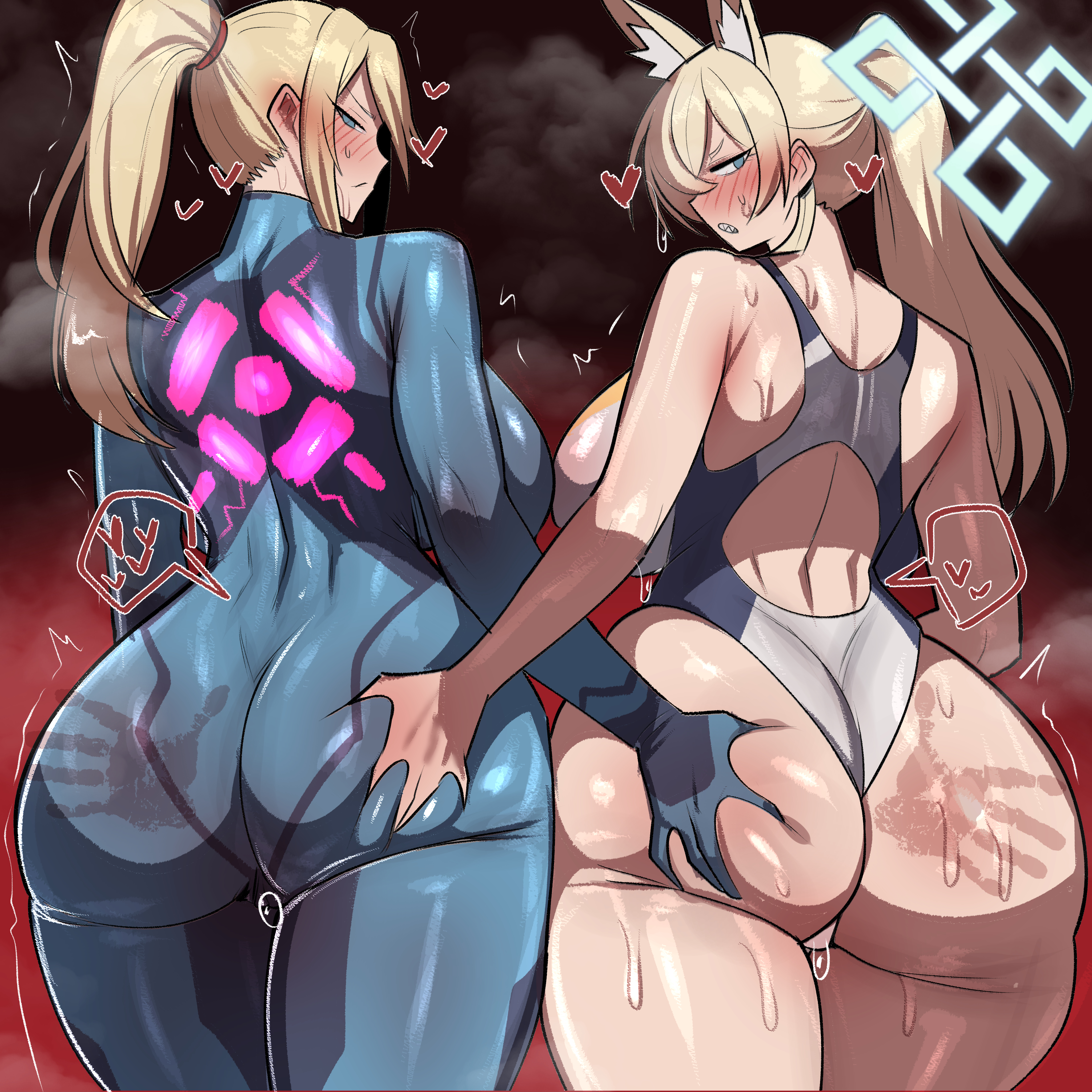geulimykun (skbyunea413), kanna (blue archive), samus aran, blue archive, metroid, nintendo, absurdres, highres, 2girls, aftersex, ass, blonde hair, blue bodysuit, blue eyes, bodysuit, grabbing another's ass, grabbing from behind, groping, huge ass, multiple girls, ponytail, sharp teeth, skin tight, speech bubble, teeth