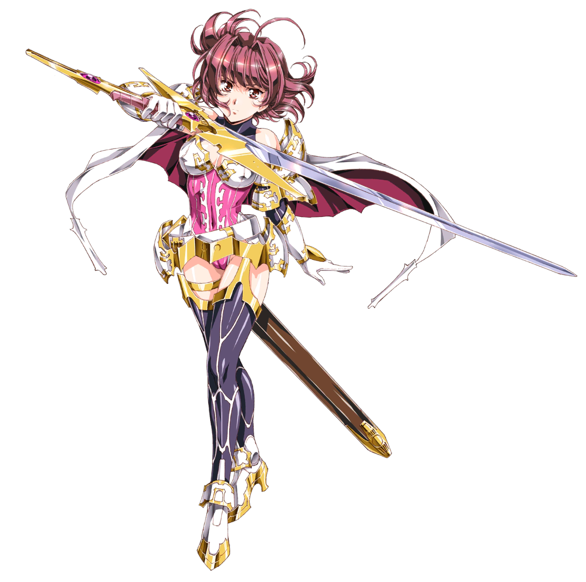 urushihara satoshi, betty (langrisser), langrisser, langrisser mobile, game cg, official art, third-party source, 1girl, ahoge, armor, armored boots, bare shoulders, belt, blue thighhighs, boots, breasts, brown eyes, brown hair, cameltoe, cape, cleavage, closed mouth, dynamic pose, faulds, full body, garter straps, gloves, gold trim, high heel boots, high heels, highleg, highleg leotard, holding, holding sword, holding weapon, leotard, looking at viewer, pauldrons, pink leotard, scabbard, scowl, serious, sheath, shiny clothes, shiny legwear, shiny skin, shiny weapon, short hair, shoulder armor, solo, standing, sword, thighhighs, transparent background, weapon, white cape, white gloves, zettai ryouiki