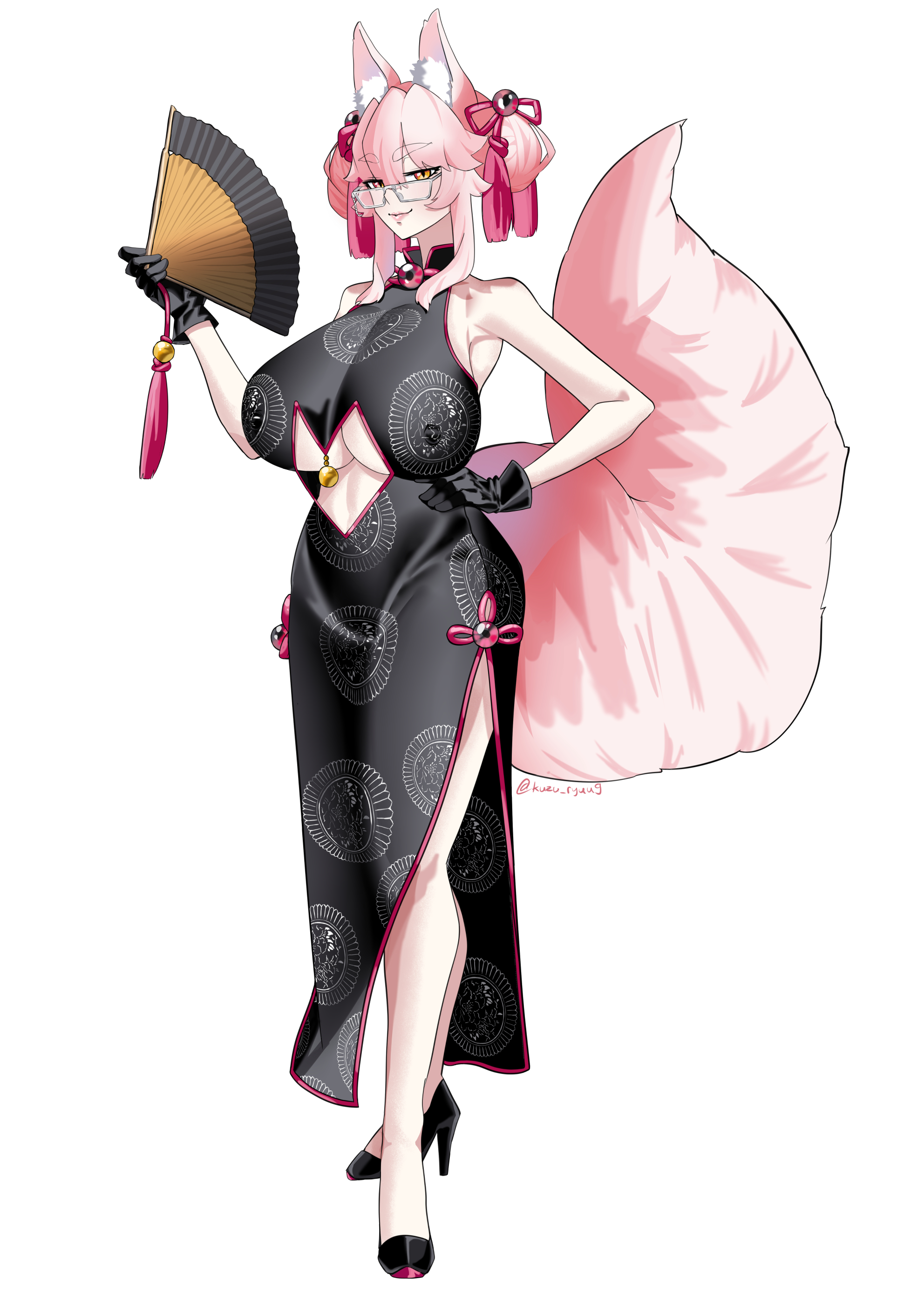 hydra (kuzuryuu9), koyanskaya (chinese lostbelt outfit) (fate), koyanskaya (fate), fate/grand order, fate (series), absurdres, commentary, highres, 1girl, animal ear fluff, animal ears, artist name, bare shoulders, black dress, black gloves, breasts, china dress, chinese clothes, closed mouth, clothing cutout, dress, folding fan, fox ears, fox tail, full body, glasses, gloves, hand fan, hand on own hip, high heels, holding, holding fan, large breasts, looking at viewer, official alternate costume, pink fur, pink hair, seductive smile, sidelocks, simple background, smile, solo, tail, twitter username, underboob, white background, yellow eyes