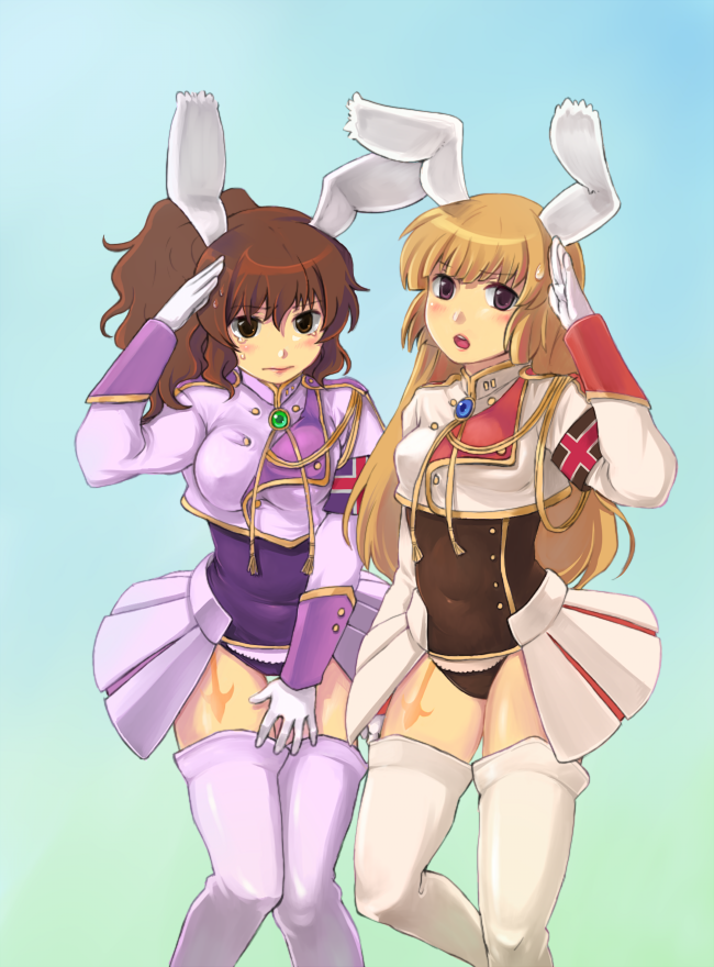 nanatsuki, chiester45, chiester556, chiester sisters, ushiromiya natsuhi, ushiromiya rosa, umineko no naku koro ni, bad id, bad pixiv id, 2girls, animal ears, blush, chiester45 (cosplay), chiester556 (cosplay), cosplay, hime cut, multiple girls, rabbit ears, salute, showgirl skirt, thighhighs