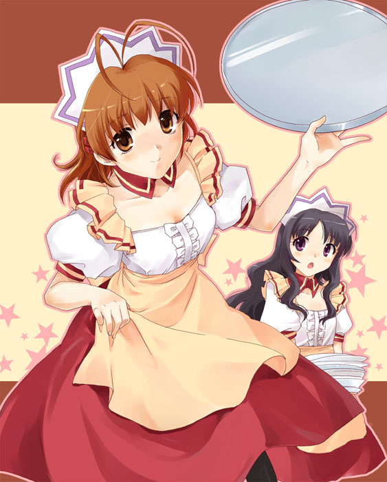 misaki juri, furukawa nagisa, nishina rie, clannad, 00s, 2girls, :o, antenna hair, brown eyes, brown hair, multiple girls, tray, waitress