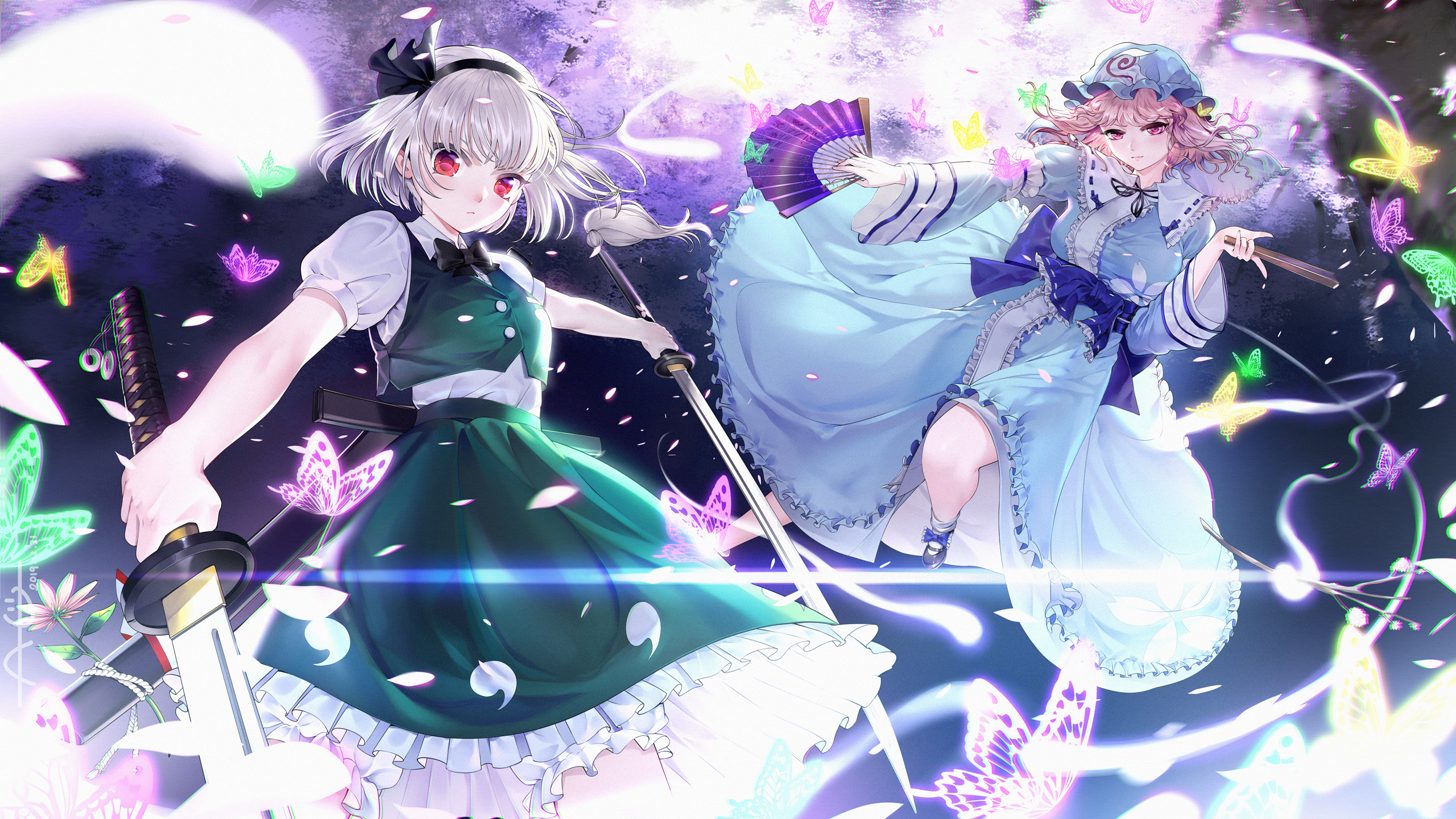 au11, konpaku youmu, konpaku youmu (ghost), saigyouji yuyuko, touhou, commentary request, highres, redrawn, 2girls, artist progress, black bow, black bowtie, black hairband, black ribbon, black shoes, bloomers, blue bow, blue dress, blue hat, blue sash, blue veil, blurry, blurry background, bow, bowtie, bug, butterfly, buttons, cherry blossom print, cherry blossoms, collared shirt, dress, dual wielding, floral print, flower, folding fan, footwear bow, frilled dress, frilled shirt collar, frills, from below, ghost, ghost print, glowing, glowing butterfly, glowing petals, green butterfly, green skirt, green vest, grey hair, hair ribbon, hairband, hand fan, hat, holding, holding fan, holding sword, holding weapon, insect, katana, knees, light blush, light frown, light particles, lips, looking down, mary janes, medium hair, mob cap, multiple girls, outstretched arms, petals, petticoat, pink butterfly, pink eyes, pink flower, pink hair, pink petals, puffy short sleeves, puffy sleeves, red eyes, ribbon, sash, scabbard, sheath, shirt, shoes, short hair, short sleeves, skirt, sword, triangular headpiece, underwear, veil, vest, weapon, white bloomers, white shirt, yellow butterfly