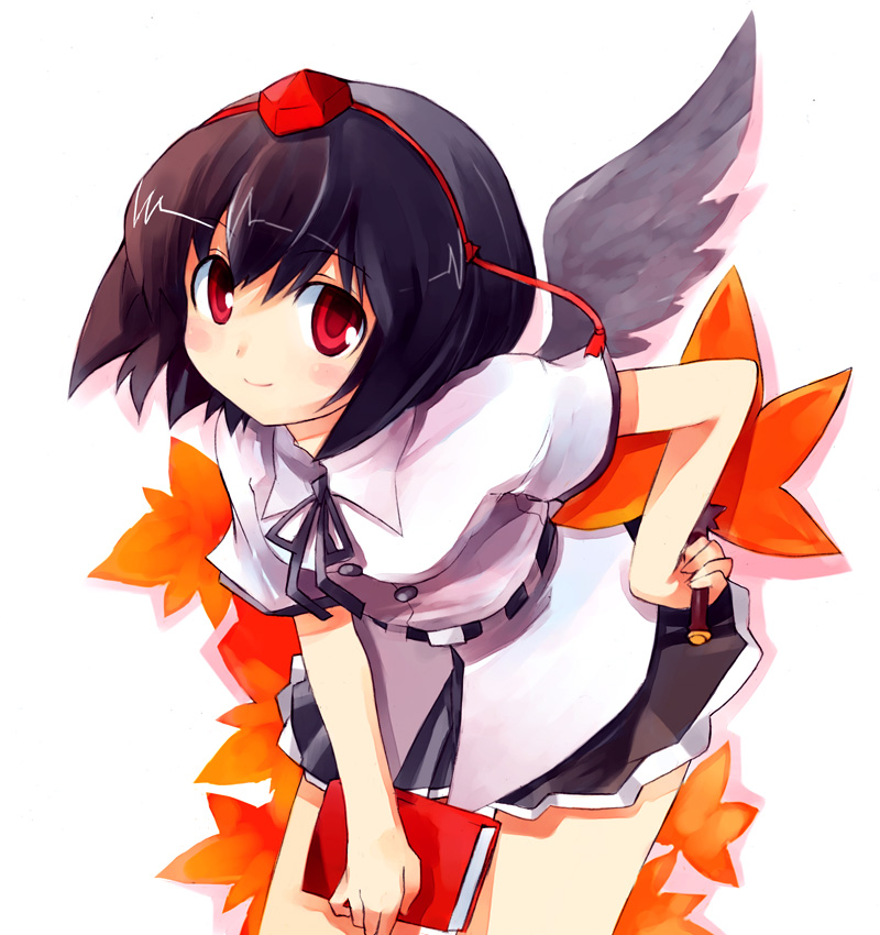 sawamura hikaru, shameimaru aya, touhou, 1girl, black hair, black wings, blush, book, female focus, hand fan, hand on own hip, hat, hip focus, leaf, leaning forward, looking at viewer, red eyes, short hair, skirt, smile, solo, tokin hat, wings