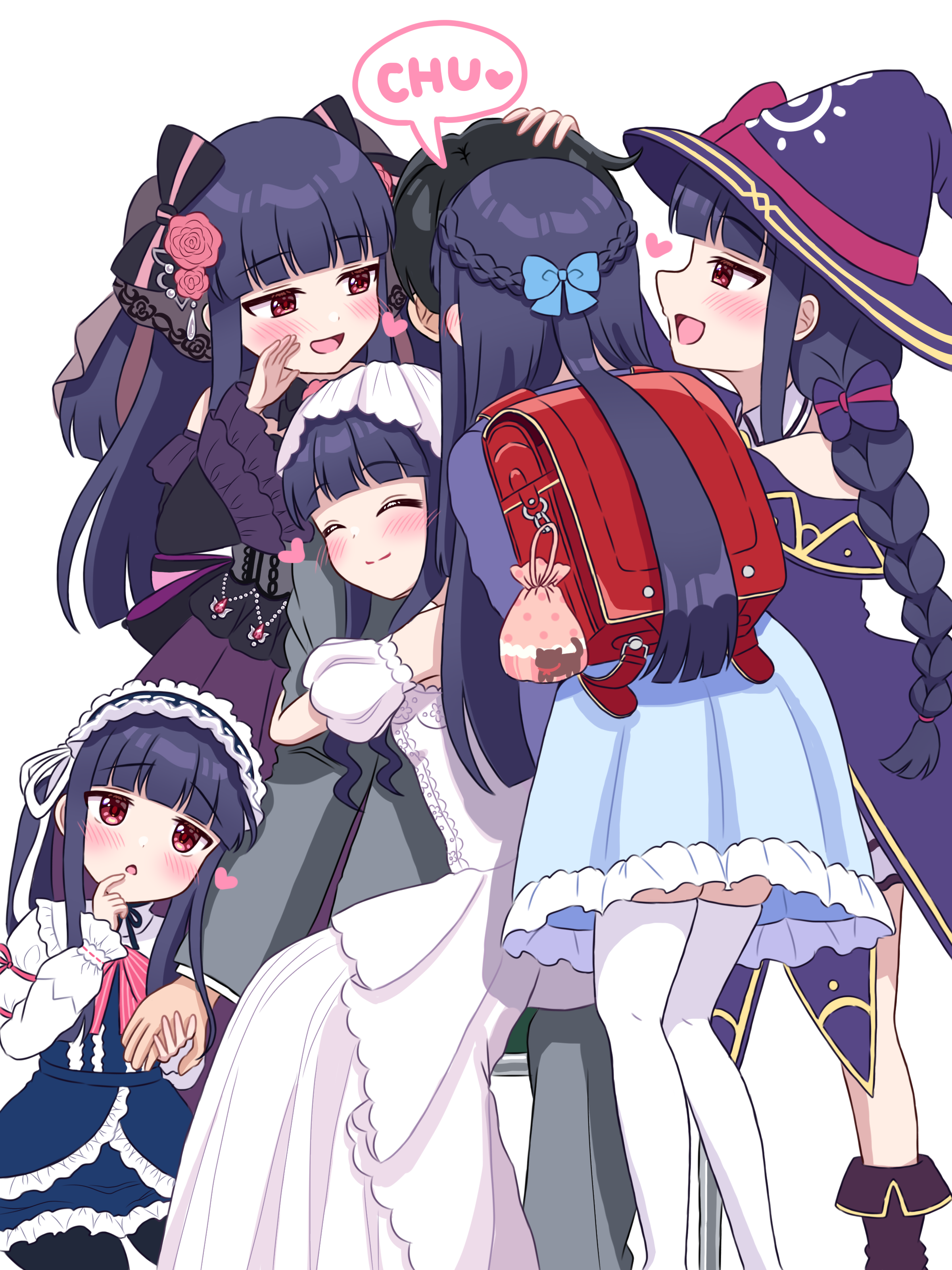 nagi kai, sajo yukimi, idolmaster, idolmaster cinderella girls, absurdres, commentary request, highres, 1boy, 5girls, ^ ^, backpack, bag, black bow, blue bow, blue dress, blue hair, blunt bangs, blush, bow, braid, clone, closed eyes, dress, flower, formal clothes, girl sandwich, grey suit, hair bow, hair flower, hair ornament, half up braid, harem, hat, heart, hetero, holding hands, hug, implied kiss, jirai kei, lolita fashion, multiple girls, multiple persona, randoseru, red bag, red eyes, sandwiched, smile, suit, surrounded, thighhighs, wedding dress, whispering, whispering in ear, white dress, white thighhighs, witch hat