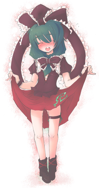 naik, kagiyama hina, touhou, 1girl, :d, blush, bow, bowtie, closed eyes, dress, female focus, front ponytail, green eyes, green hair, hair bow, matching hair/eyes, open mouth, puffy short sleeves, puffy sleeves, red bow, red bowtie, red dress, ribbon, short hair, short sleeves, smile, solo, standing, thigh strap, white background