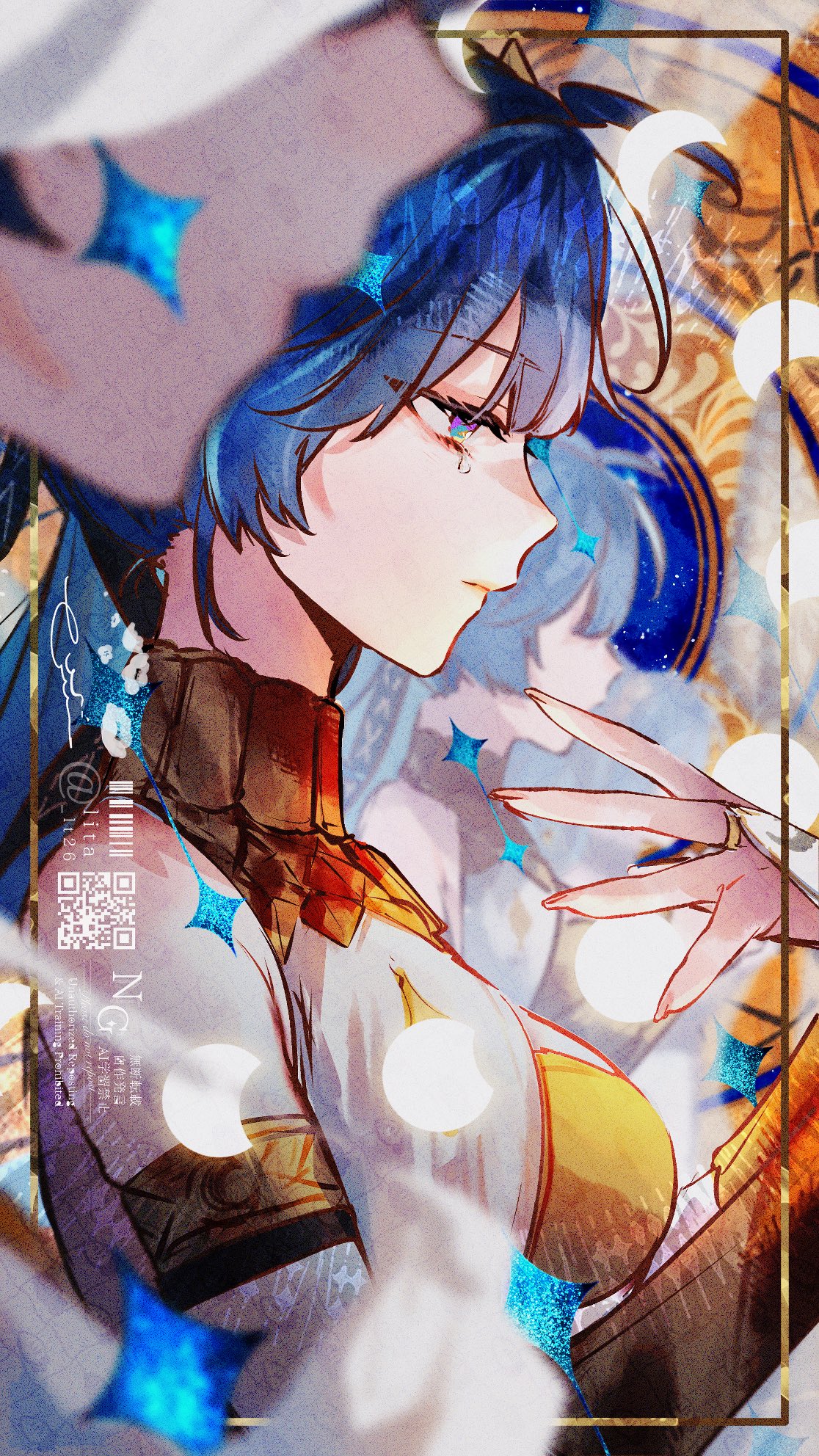 lt26, iuno (wuthering waves), wuthering waves, commentary request, highres, 1girl, ahoge, armlet, bare shoulders, blue eyes, blue hair, blurry, breasts, bridal gauntlets, closed mouth, depth of field, fingernails, from side, gold bra, hand up, jewelry, long hair, looking down, medium breasts, multiple persona, profile, tears, upper body, watermark, white bridal gauntlets