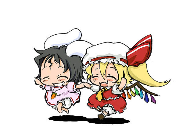 baku taso, flandre scarlet, inaba tewi, touhou, 2girls, chibi, closed eyes, female focus, full body, holding hands, multiple girls, running, simple background, smile, white background